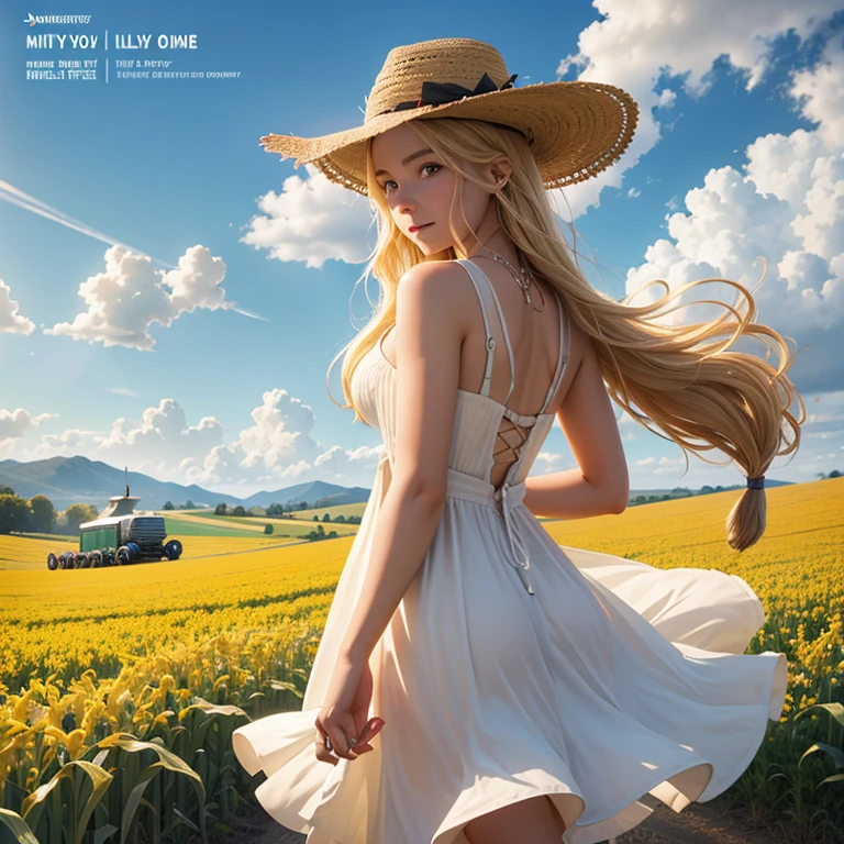 H

"We see a movie poster in the style of Disney/Pixar animated movies, movie title is "Country girls make do!", the poster depicts the middle of a cornfield, in the distance we see a beautiful blonde woman in a really short summer dress walking away while holding her shoes with her right hand and holding her sun hat with her left hand, in the foreground we see a lone corn cob hanging while dripping a milky fluid"
