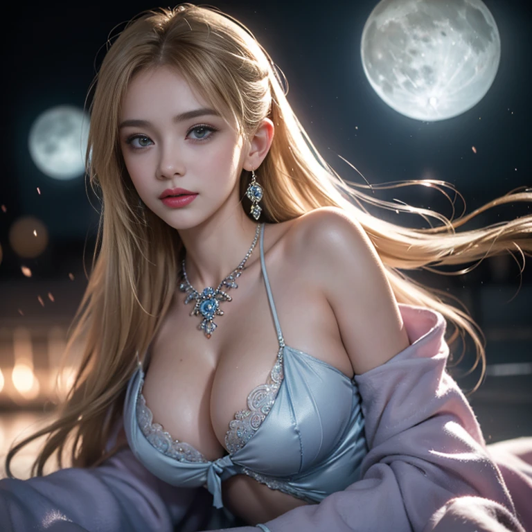 masterpiece,Highest image quality,Super details,best quality ,extremely delicate and beautiful, Very detailed,best quality, official art, Extremely detailed CG unified 8k wallpaper, Ana de Armas portrait photo, Blonde hair with black pupils,shiny skin, (beautiful eyes:1.1), beautiful skin, big watery eyes,(detailed lighting:1.2), (Beautiful and detailed light:1.3), Ice Blue Water Foam Galaxy Starburst Fairy Color Mint Skirt,beautiful breast balls, The most perfect breast ball shape,firm breast balls,Deep cleavage,Naked of breast,complex, digital drawing, Smooth, sharp focus, end of the world, epic reality, (high dynamic range:1.4), (pastel colors:1.4), Revelation,Bright colors, night, screen space refraction, (intricate details, Super detailed:1.3), art station, lens, vignette, complex background, buliding,Beautiful smile,The most beautiful look,Detailed moon background,Dreamcatcher earrings,The best look,Beautiful intricate necklace,