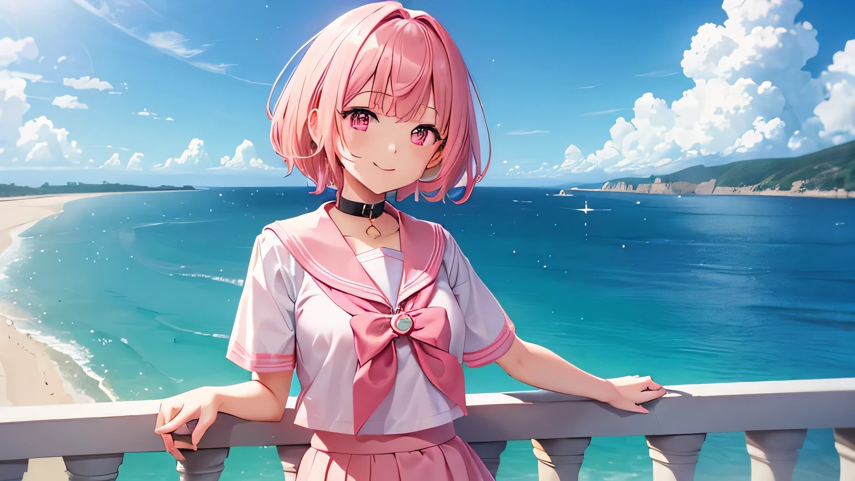 ((high resolution))、8k、girl、light pink hair、short hair、Dark pink eyes、smile、((sailor suit、Collar pink、Skirt pink))、Sea view park、