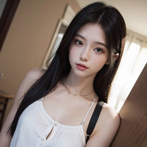 25 years old woman, bokeh, (photorealistic:1.4, realistic), highly detailed CG unified 8K wallpapers, 1girl, ((slender body:1)),  looking at viewer, (HQ skin:1.4), 8k uhd, dslr, soft lighting, high quality, film grain, Fujifilm XT3, (((upper body:1.4))), ((((white sleeves dress)))), (((indoor room , morning))),   <lora:Bomi-V1:0.7>