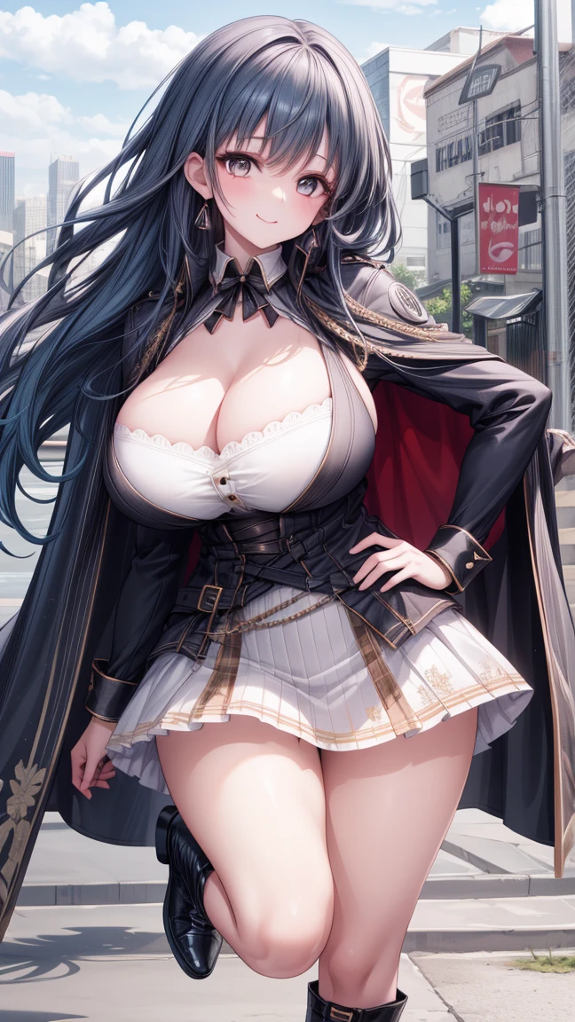 very short skirt, seductive shape, an illustration of showing a sexy person with a cape and a blue hair color in the animation style clothing, long hair, female focus, solo, cape, long sleeves, hand on hip, standing, looking at viewer, full body, black footwear, bangs, short skirt, blue hair, white skirt, boots, smile, skirt tucked in, closed mouth, huge breast, perfect Composition, cleavage,
1 girl, 20yo,YOUNG female,Beautiful Finger, Beautiful long legs ,Beautiful body ,Beautiful Nose ,Beautiful character design, perfect eyes, perfect face,
official art, extremely detailed CG unity 8k wallpaper, perfect lighting,Colorful, Bright_Front_face_Lightinasterpiece:1.0),(best_quality:1.0), ultra high res,4K,ultra-detailed,
photography, 8K, HDR, highres, absurdres:1.2, Kodak portra 400, film grain, blurry background, bokeh:1.2, lens flare, (vibrant_color:1.2)
, (beautiful_face:1.5),(narrow_waist), (Beautiful,Huge_Breasts:1.3)
