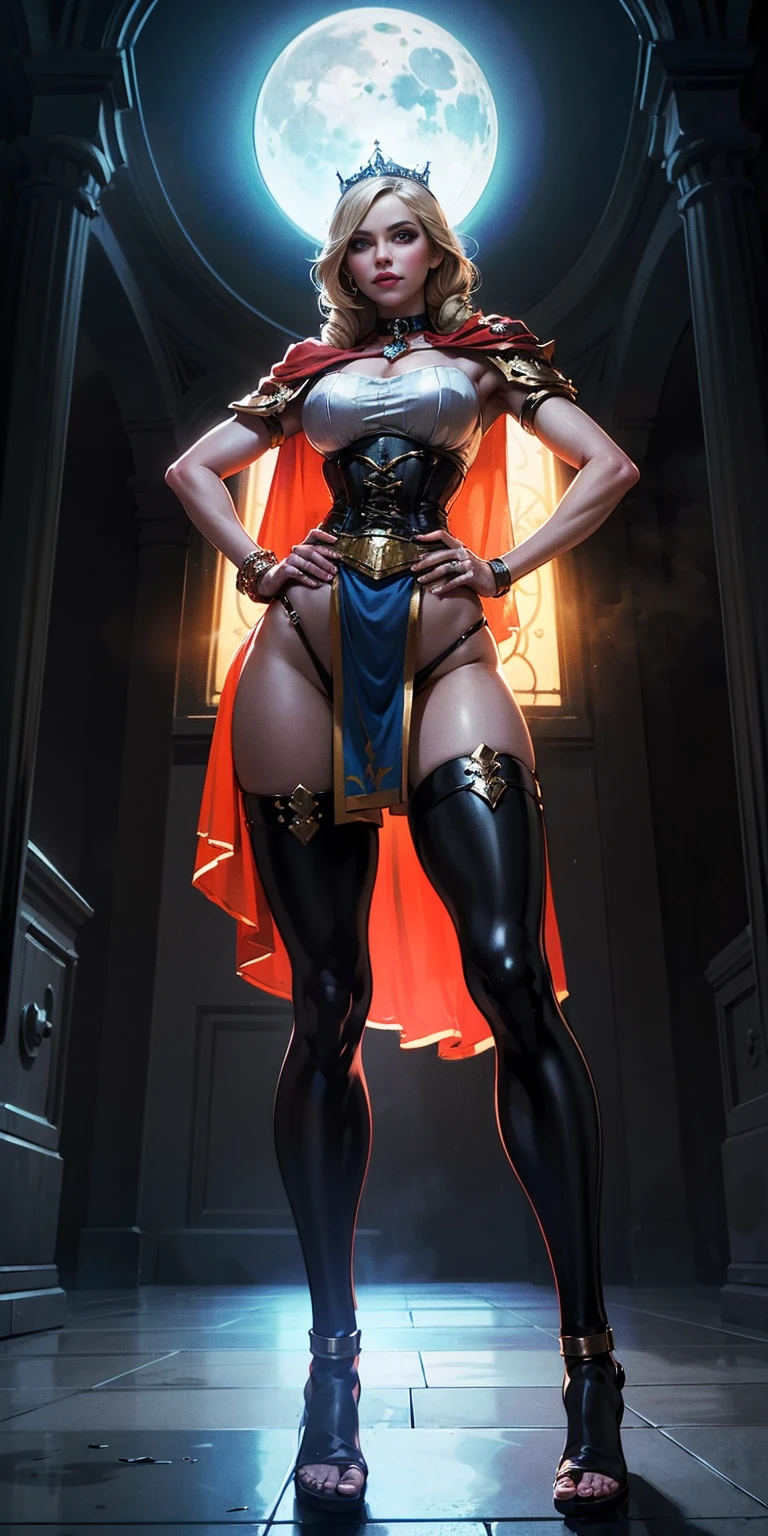 paladin lady in ornate golden armor, black collar, pauldrons, breastplate, corset, glowing halo, single braid, blonde, yellow glowing eyes, bright pupils, eye focus, red cape, temple indoors, stained glass windows, night, moonlight, particles, light beam, chromatic aberration, (full body, whole body. 1solo (girl). slave fighter, loincloth standing, hands on hips full body, whole body. 1solo (girl). slave fighter, loincloth standing, hands on hips, metal sandals, backpack, choker, big belt, view from below, feet together, bracers, tiara)