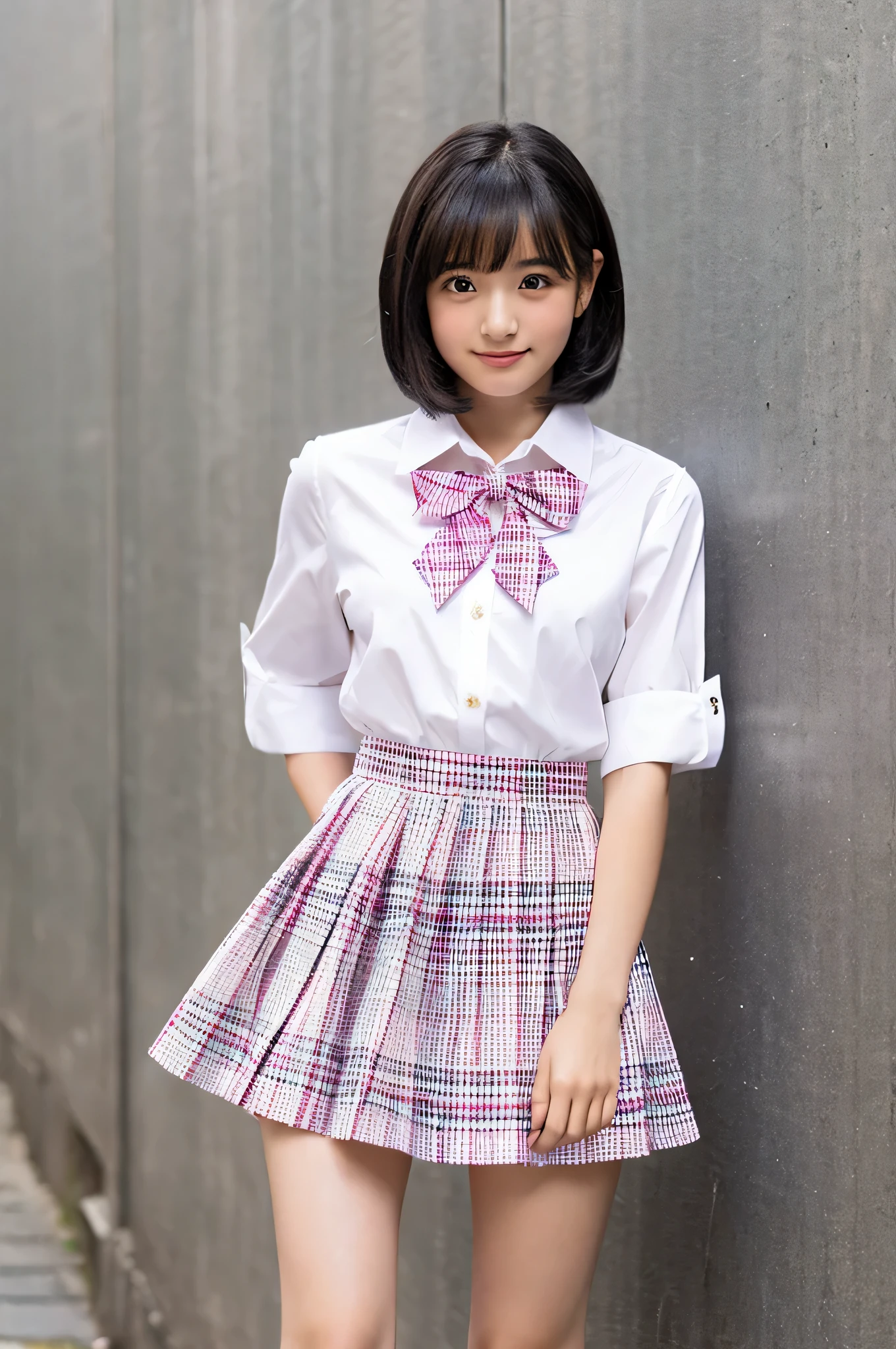 An 18-year-old high school girl wearing a white shirt and a pink plaid miniskirt..（Black Hair Bob Cut）