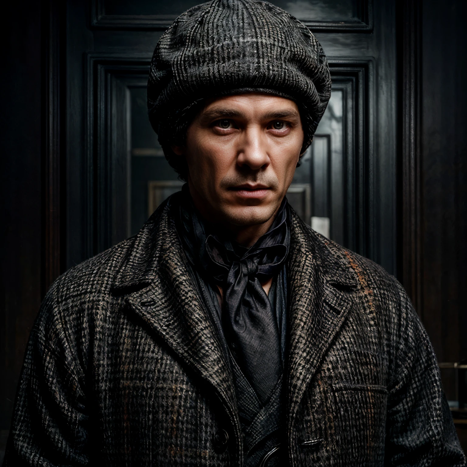 Sherlock Holmes7:: black winter hat covering all head:: no hair:: without hair:: a white shirt:: a black tie:: a gray vest:: a gray jacket:: a tweed cap::  shaved face.