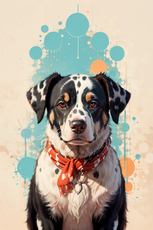 melhor qualidade, obra de arte, foto crua,ultra-detalhado:1.2), very hairy dalmatian dog with red bandana around his neck on a flowering grass in sy3 style, Sozinho,olhando para o espectador, (arte vetorial:1.2), minimalismo, SY3