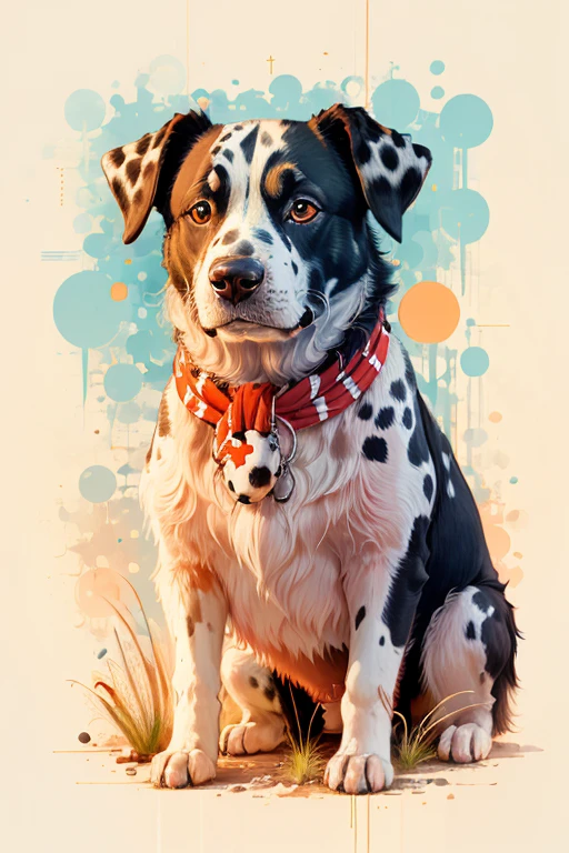 melhor qualidade, obra de arte, foto crua,ultra-detalhado:1.2), very hairy dalmatian dog with red bandana around his neck on a flowering grass in sy3 style, Sozinho,olhando para o espectador, (arte vetorial:1.2), minimalismo, SY3
