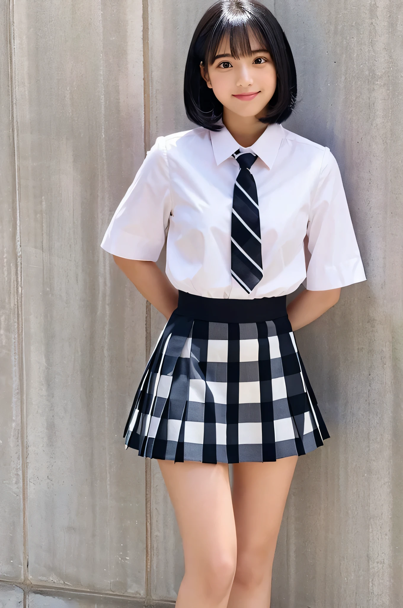 Slender Woman、boyish、very short hair、Japanese、japanese school uniform、skirt short 、beautiful legs、long legs、Fair skin、smile、cute face、disheveled clothes、lure、enchanted、Lewd、、korean idol、black pantyhose、black panties、black stockings、camisole、baby face、