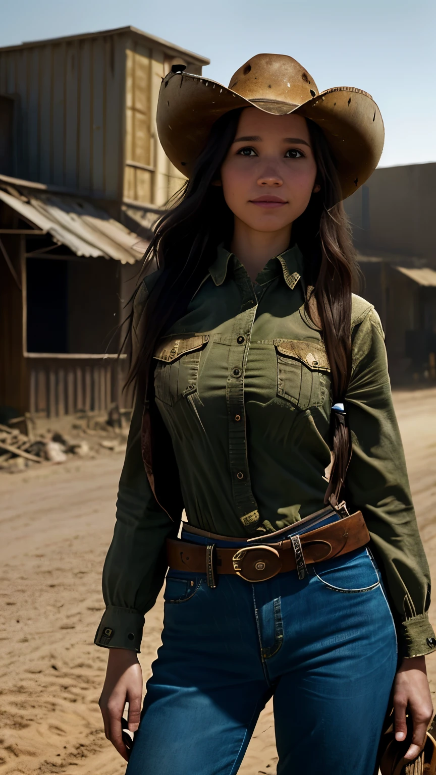 Foto hiperrealista en primer plano de Kelsey Asbille, masterpiece, best quality, (photorealistic:1.4), (cowboy outfit) Create dystopian masterpieces. Western theme, dusty atmosphere, wooden buildings, a setting sun casting long shadows, aged and worn costumes, anticipation in the air, intense standoff, empty street, deserted town, beautiful woman, skinny, large big breasts, black long hair, detailed face, smile, facing the camera, photo taken from a distance, age of 25 years old