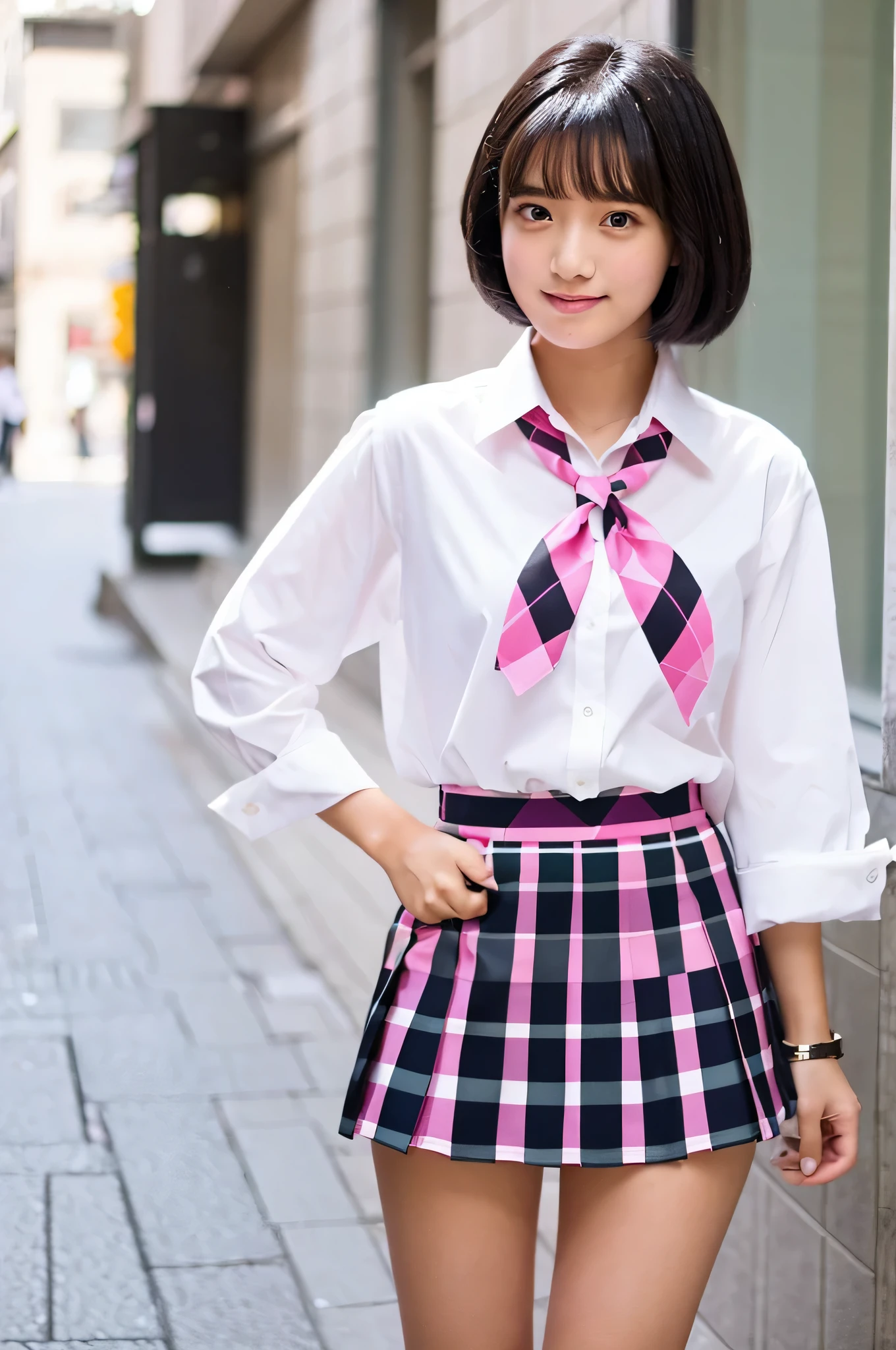 An 18-year-old high school girl wearing a white shirt and a pink plaid miniskirt..(Black Hair Bob Cut)