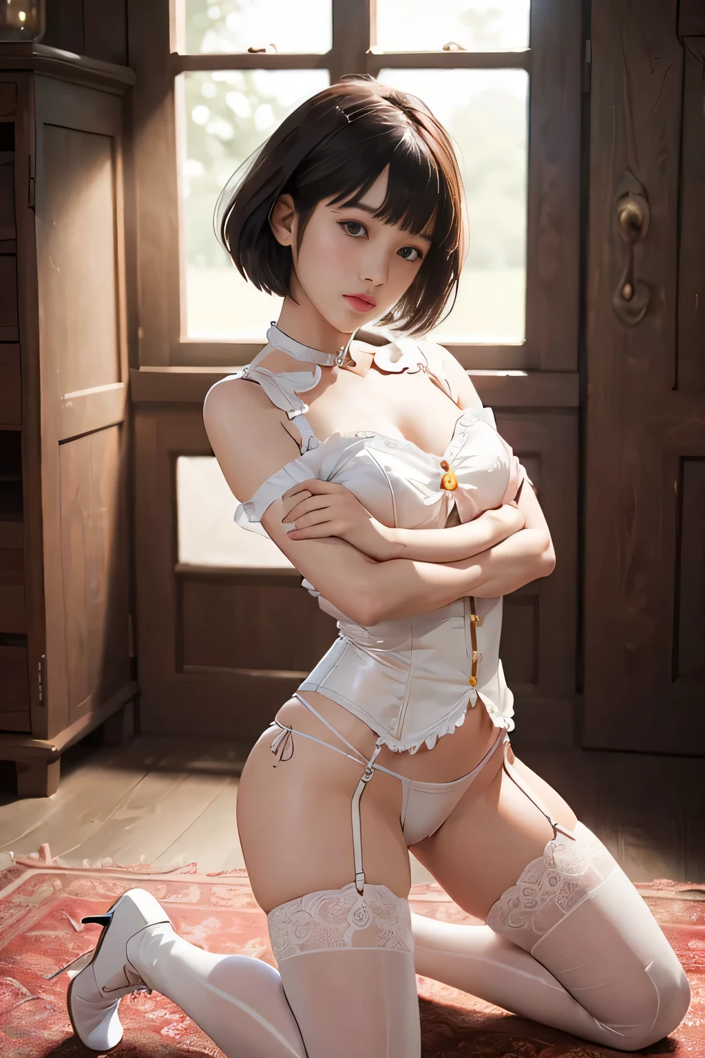 T Masterpiece,highest quality,realistically,1 girl,short hair with flat bangs,Stunning innocent symmetry face,(Pure Eros Face_v1:0.7)Asian girl with delicate face,(White leather corset, bondage fashion、Transparent Panty House、pumps and stockings)、(((kneeling pose、raise your butt high、Thigh straight、fold your arms in front of your chest、panoramic、Rear view)))