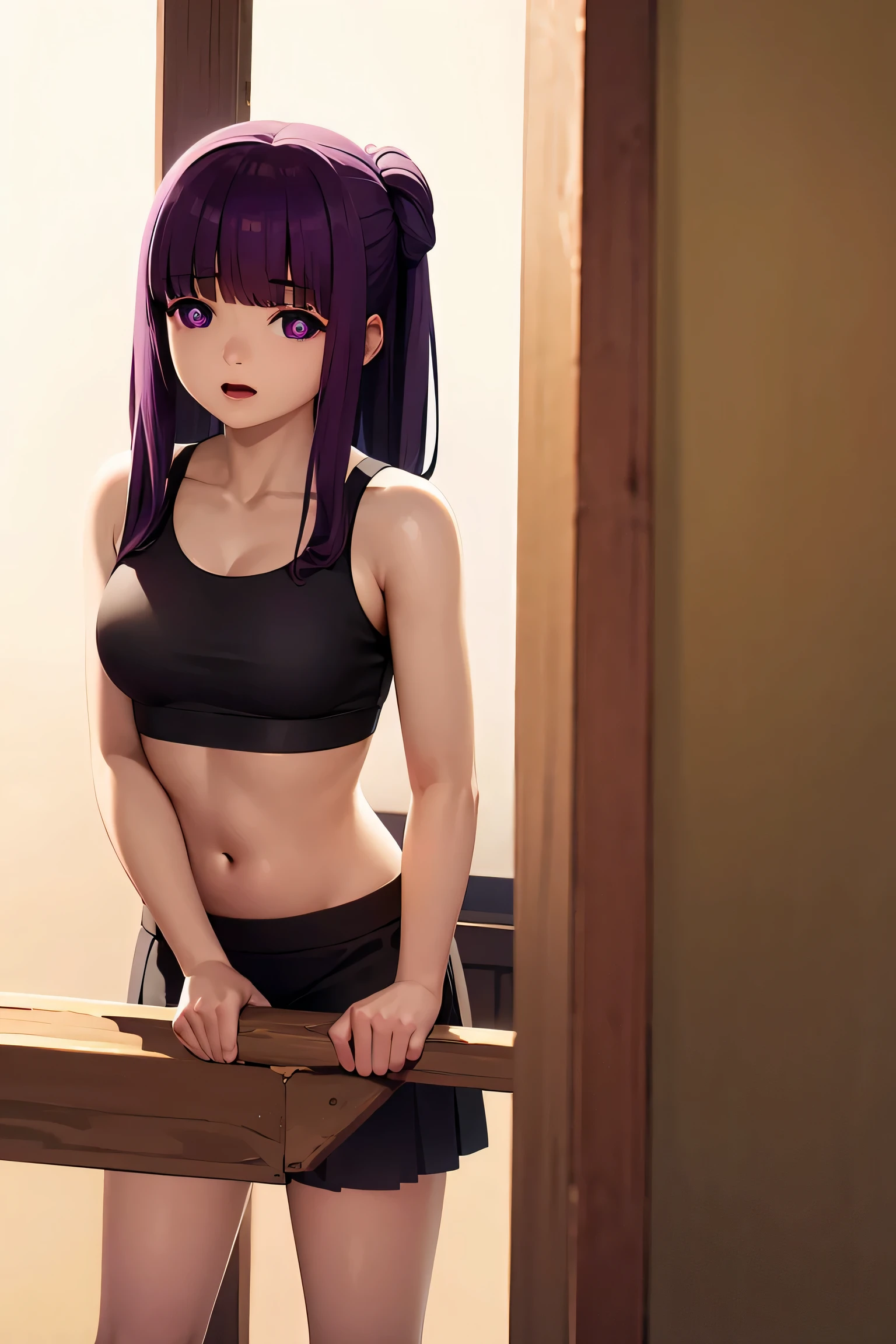 fern, long hair, bangs, (purple eyes:1.1), purple hair, sidelocks, blunt bangs, (bright pupils:1.5), half updo, BREAK (sports bra，mini-skirt:1.2)，（nice leg line:1.3）, BREAK looking at viewer,to stand,cool face， cheerfulness,downy，（facefront）, BREAK （（with a pure white background））, BREAK (masterpiece:1.2), best quality, high resolution,  Light effect, ultra-clear， high definition pictures, (perfect hands, perfect anatomy),