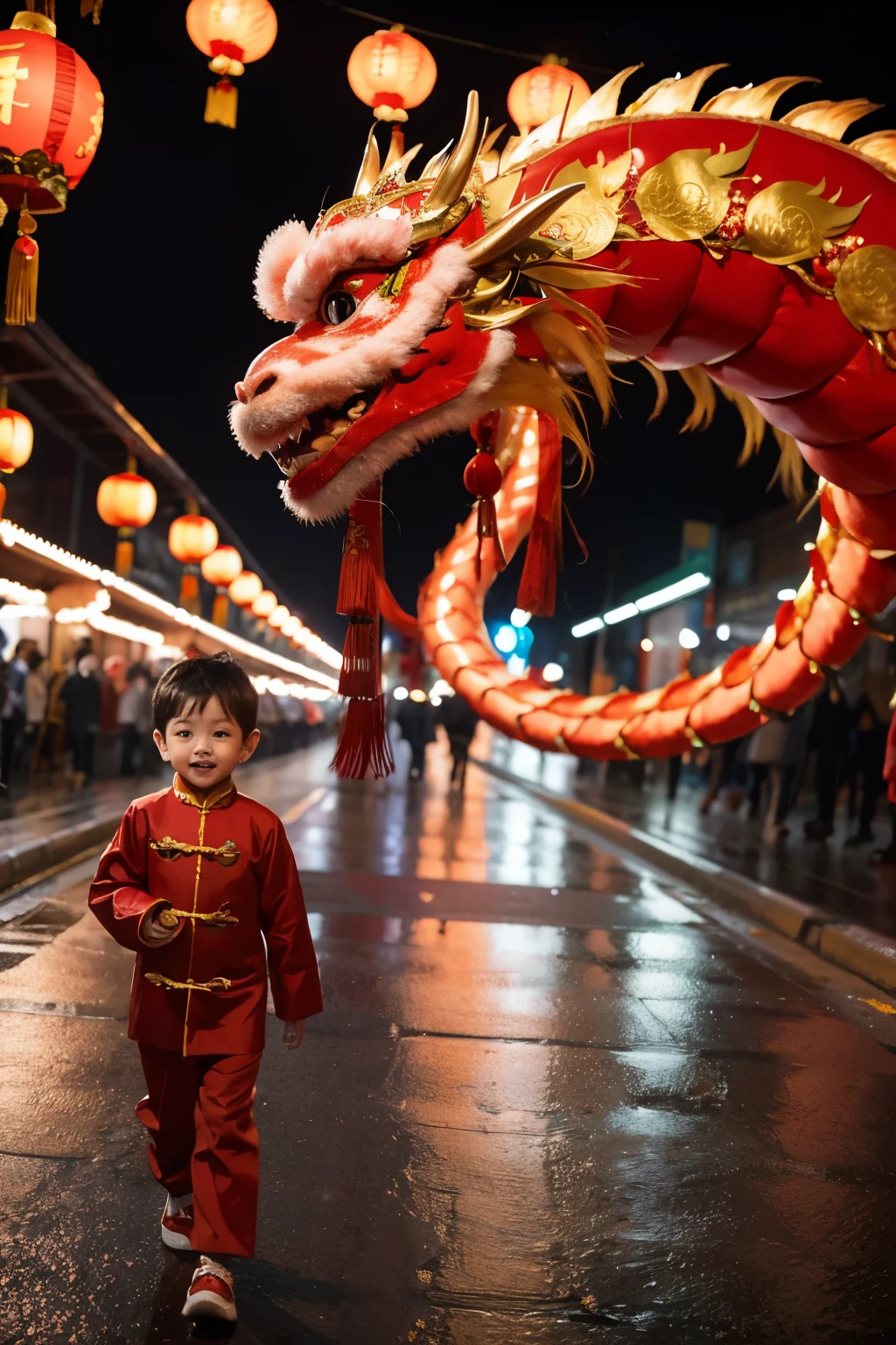 Chinese New Year atmosphere，The whole road formed by the dragon，A very festive  boy walks on it