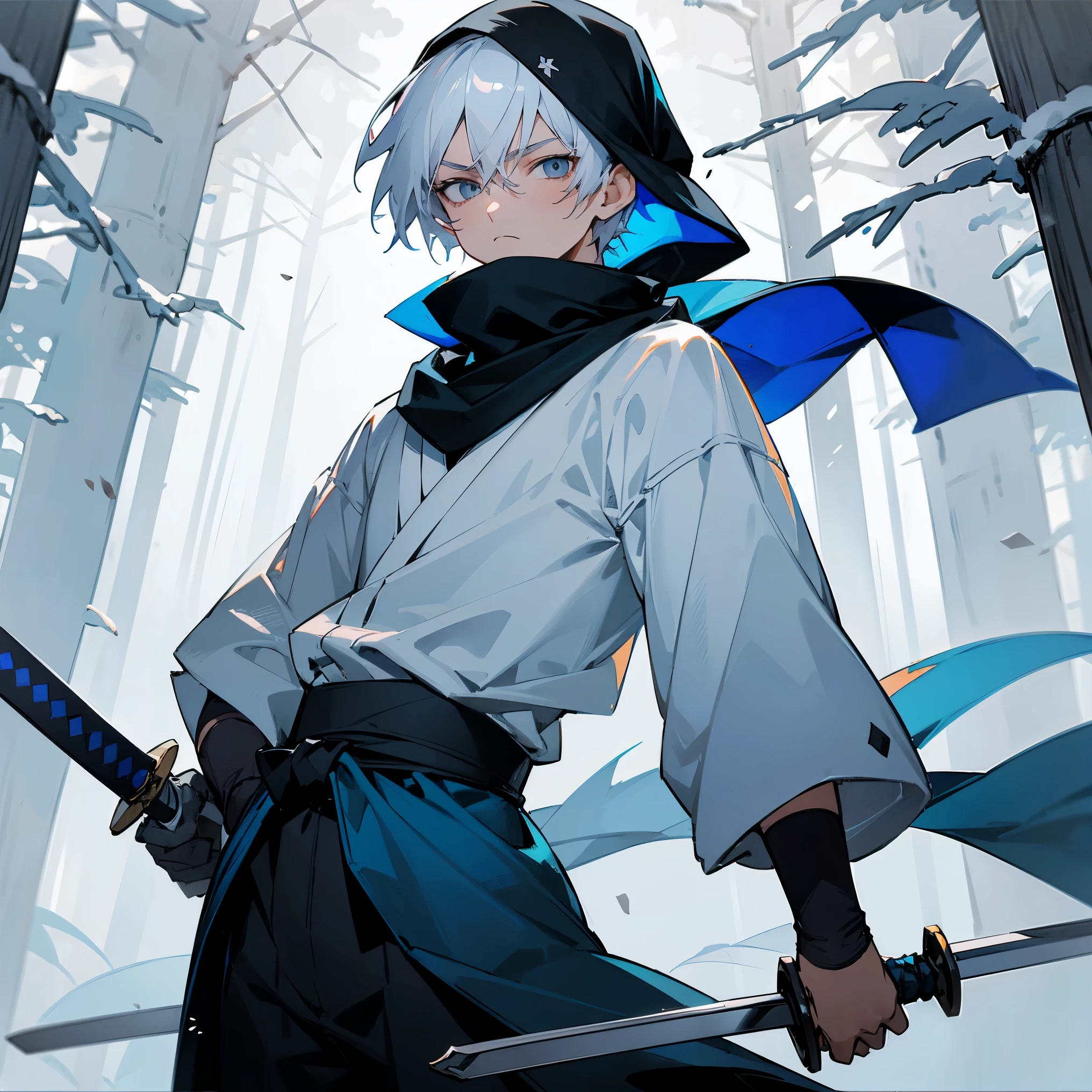  Male , Childious Expression , Snow White Hair , Blueish Grey Eyes , Serious Expression , Sword on Hip , Sword Hilt , Ninja Clothing , Fitted clothing , White Shirt , Standing in a forest , Black Bandana on head