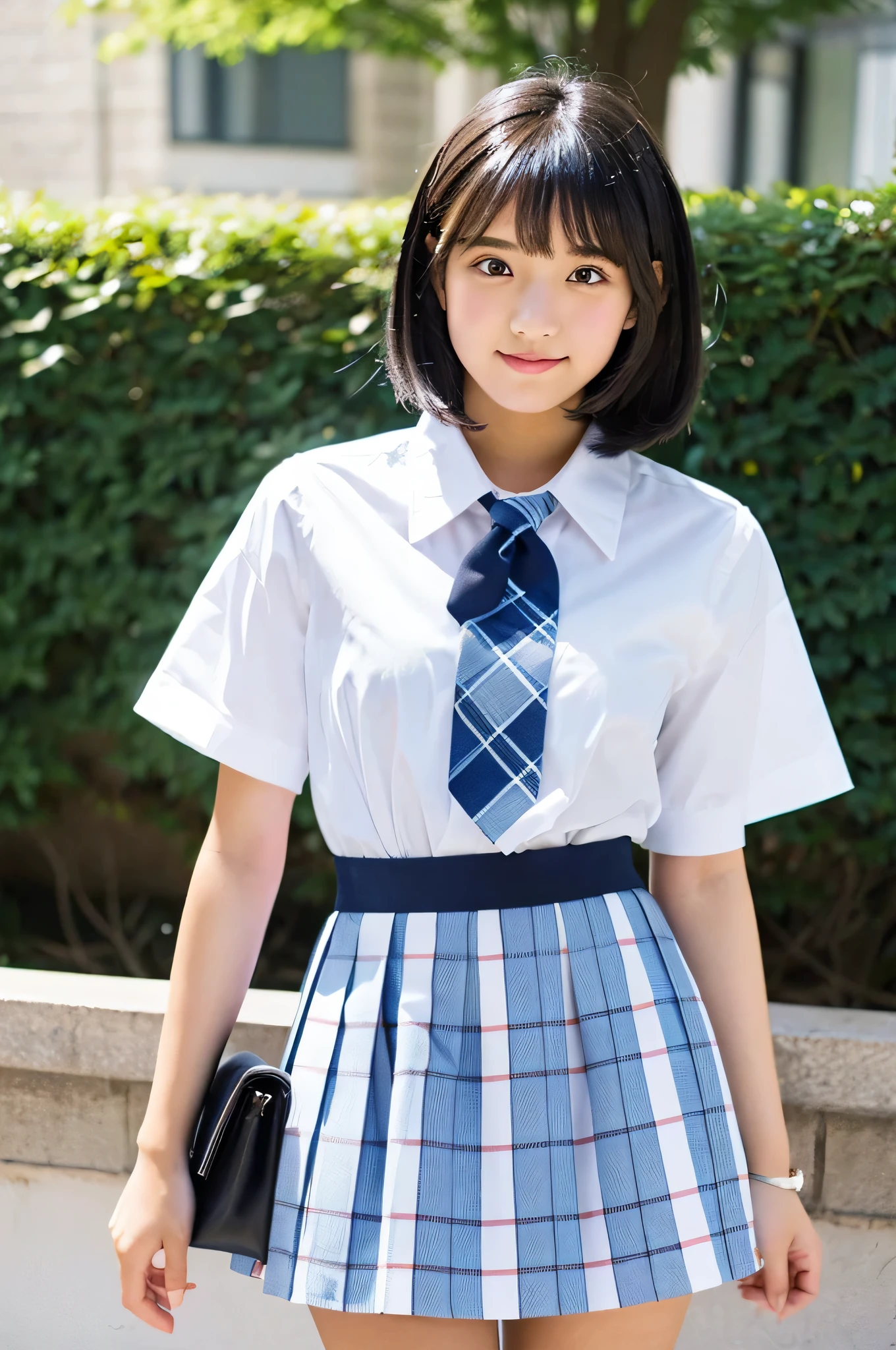 An 18-year-old high school girl wearing a white shirt and a light blue plaid miniskirt..（Black Hair Bob Cut）