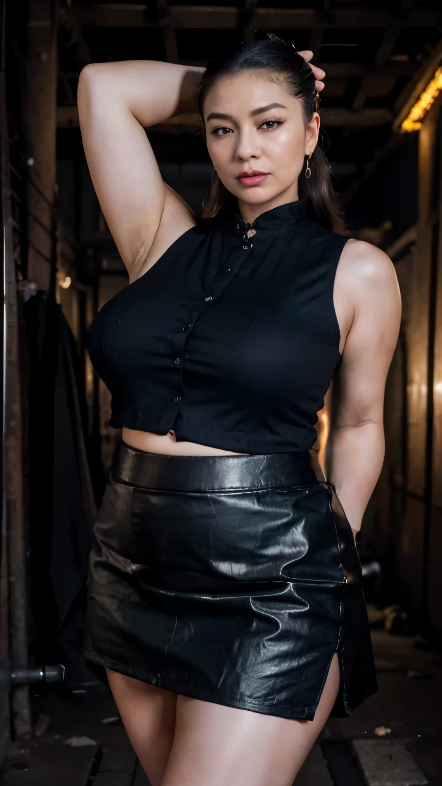 ((Nighttime - dark sky) - outside - quiet Indonesian alleyway - house garage - convertible car:1.75), ((Chinese-Indonesian:1.5)), very beautiful 40 yo fleshy Milf, slim waist, (fair complexion:1.25), very beautiful, hair with bangs tied-back in ponytail, (tight - button-down sleeveless shirt:1.55), (tight skirt - formal:1.75), (massive breasts under the shirt:1.45), (I have thick milf's arms:1.85), curvy - no muscles, (fully clothed:1.5), (stilletto), (my arms behind my head:1.65), (at evening night), (overlooking by lecherous oldmen:1.5), (full body - head to boot), anusha cleavage, busty, voluptuous, thick, curvy model body, body dents, visible lips, plump, fleshy juicy hips, glossy sweaty skin, 🤬❤❤️🔥💦🍑, juicy lips, plump red lips, fantasy character art, absurdres, high res, ultrasharp, 8K, professional photograph, award-winning portrait, masterpiece, high detail full-body view, symmetrical, Nikon D850, 85mm lens, f/1.8, depth of field,