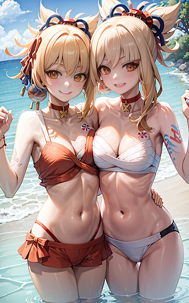 2 girls smiling in water in bathtub,No teeth exposed. Female twins, Vibrant colors,natural lighting, best quality, Chest to chest, Put your arms around the other person's waist, sunny masterpiece, Navel exposed, blush, Navel exposed, swimsuit, Full, Big breasts, The breasts are next to each other, the breasts are close to each other, the breasts are slim, and the height the same. 两人的右侧乳房挤成一条缝