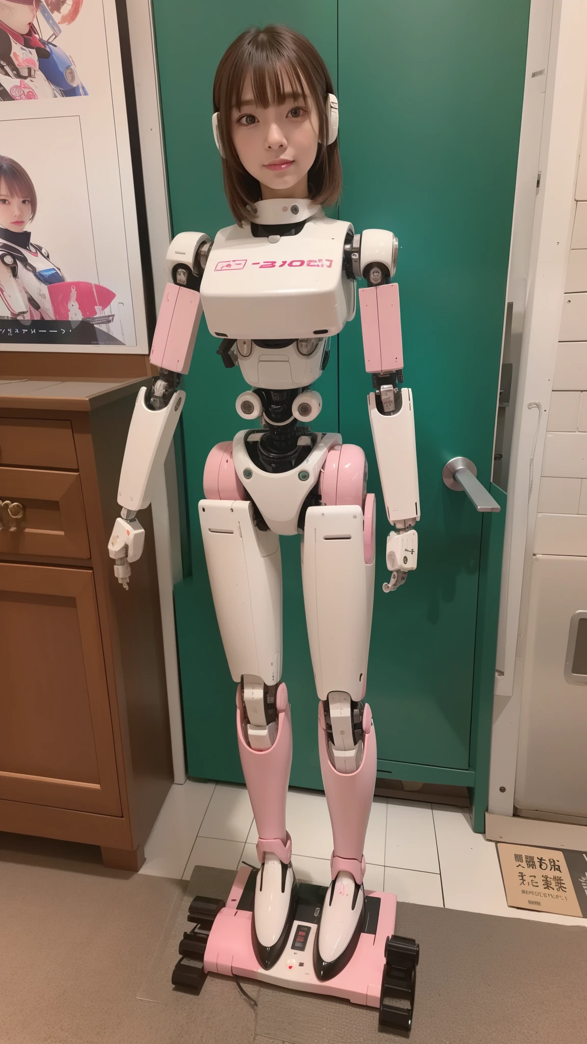 masterpiece, best quality, extremely detailed, (8K, 4K, Best Quality, Hight resolution, 超A high resolution:1.1), 8K portrait,1girl in, Japanese android girl, android teacher, control panels, android, Droid, Mechanical Hand, ,Robot arms and legs, Black hair, Mechanical body, Blunt bangs, Pink Robotics Parts, perfect robot woman, Charging spot, Long Tube, A thick cable was connected to her neck, ceramic body , android, robot humanoid, panty, full eyes, perfect mechanical body, pink robotics body, future assembly plant, Pink body, She has repaired, lack sponge joints, android assembly plant, android, laboratory, platform boots, perfect machine body, pink robot body