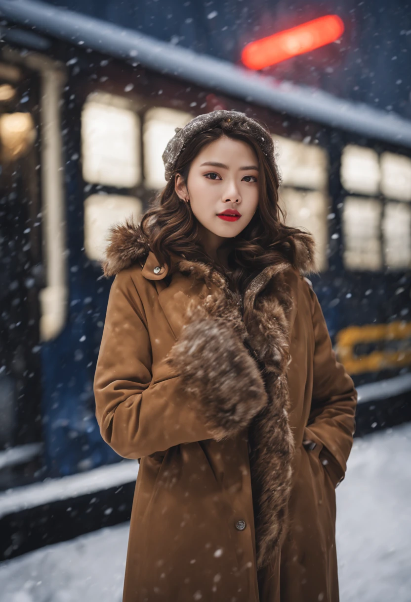 1 woman、Early 20's、(A strong-willed super beauty)、(very beautiful face)、(detailed face)、putting on makeup、wavy brown hair、christmas snowy night、Standing on the metropolitan area platform、The background is a stationary train、shallow depth of field