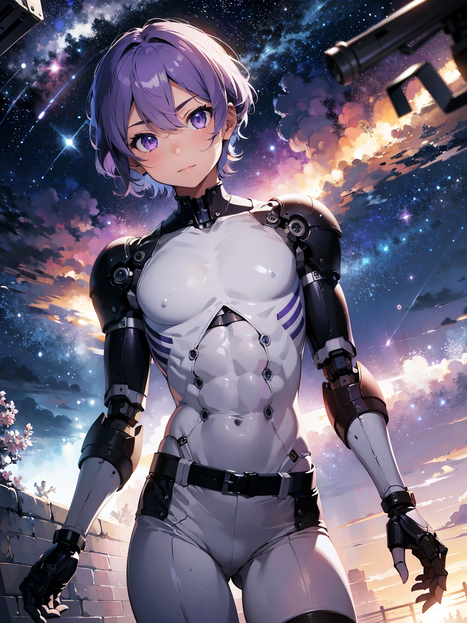 (Best Quality, Masterpiece, High Resolution), ((Robotic Arm)), A boy, thin, light purple men with short hair, abs, abs, purple eyes, bright eyes, abs, white pants, White t-shirt, seductive pose, glowing lines, cowboy shot, surreal, upper body, bedroom