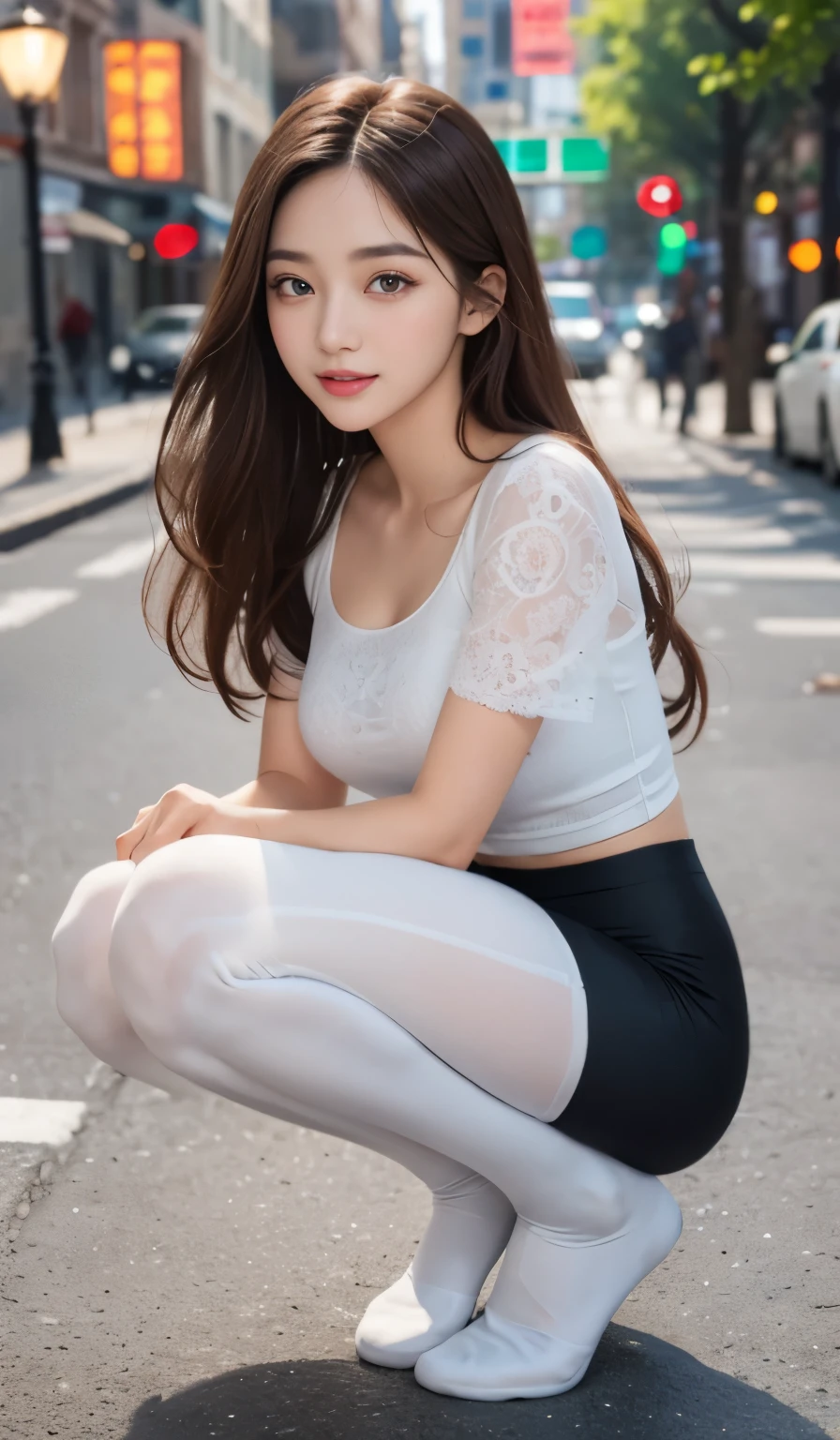 Angelique is a very beautiful and cute girl.,
beautiful and detailed eyes,
detailed double eyelids,
(Big eyes:1.3),long eyelashes,
See-through bang,
(beautiful detailed face and eyes:1.4),
small nose,
small mouth,
beautiful long hair,
Smile happily with visible teeth,
(highest quality:1.2),
RAW photo,
High resolution,
perfect details,
professional photography,
professional lighting,break (Full body tights made of ultra-thin fabric:1.3) , Ultra thin and super snug body tights,Squat backwards with your legs wide apart,beautiful feet, See-through body tights,in the city,brown hair,Too much exposed skin, Full body photo up to the toes, nipple protrusion