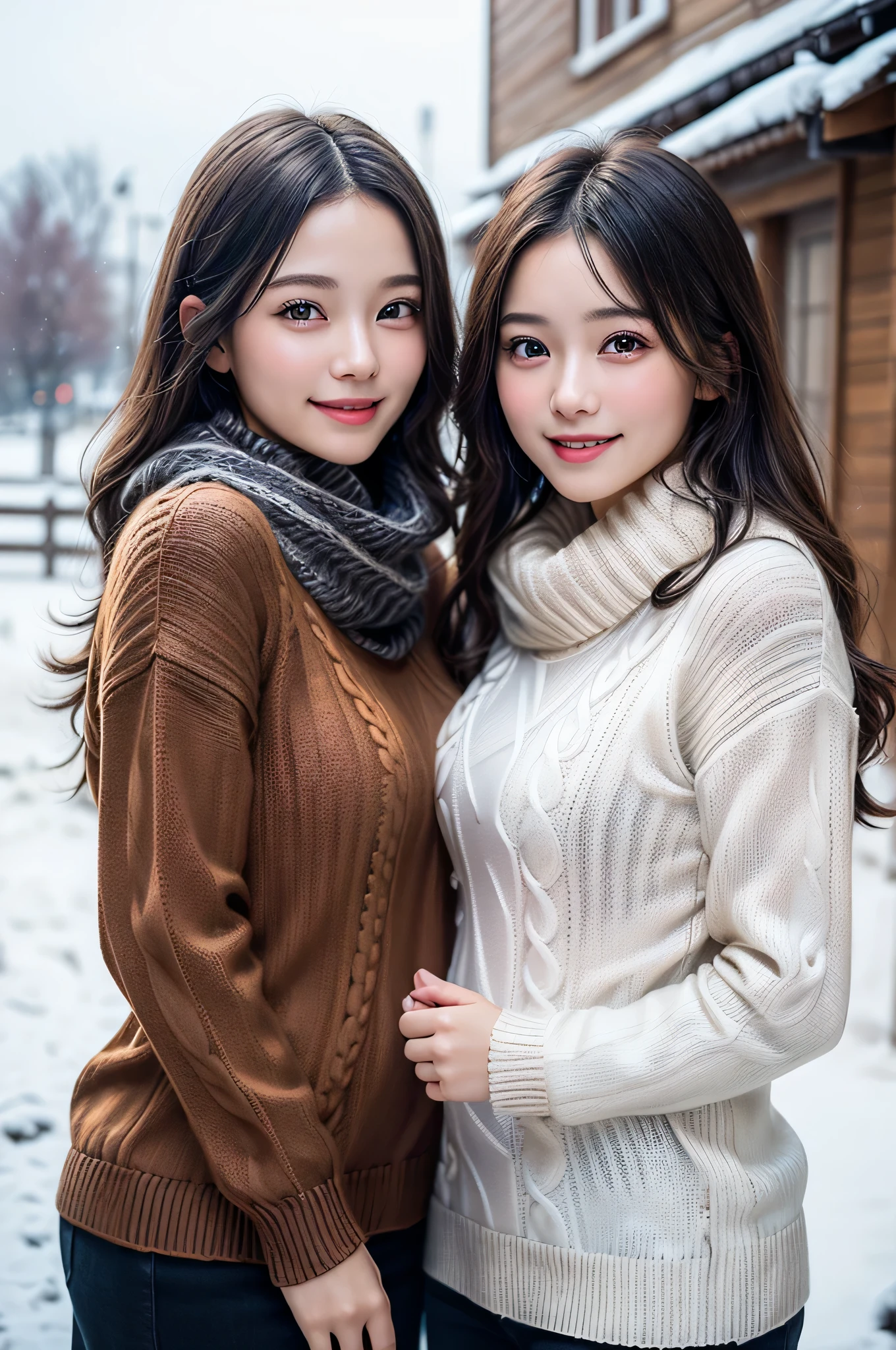 (2young girls), (Ultra realistic), (warm long sleeve sweater, woolen scarf:1.3), upper body, caute smile, (best quality:1.4), Raw photo, (realistic, photo-realistic:1.37), professional photography, cinematic light, outdoors, snowy,
