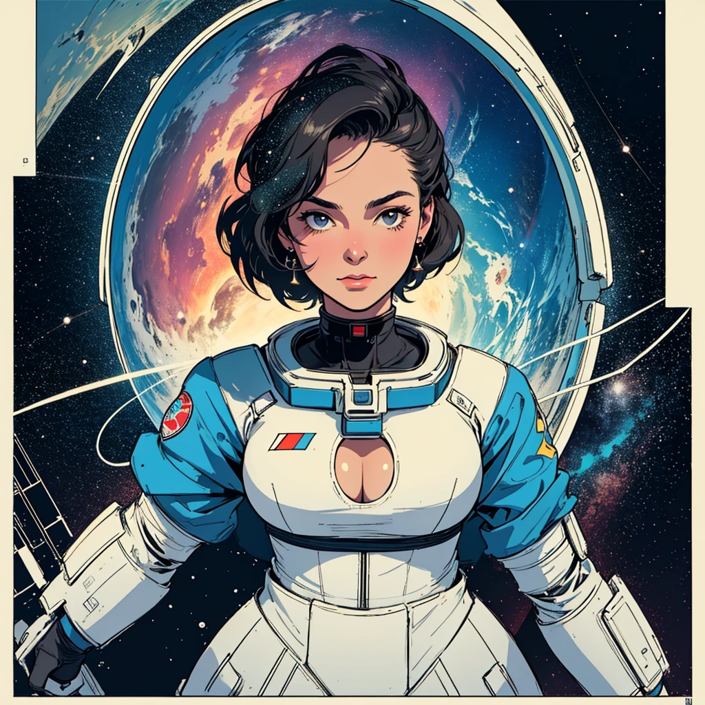 (((32k))),(((highest quality))),(Perfect One Woman),60's,70's,80&#39;s,old movie posters,retro,vintage,bauhaus,abstract,Space Thriller Movie Poster,Futuristic,shape,OK,cosmos,galaxy,satellite,mechanical,Geometric pattern,meteor,meteorite,planet,very delicate,宇宙飛OK士,Milky Way,big breasts,cleavage,