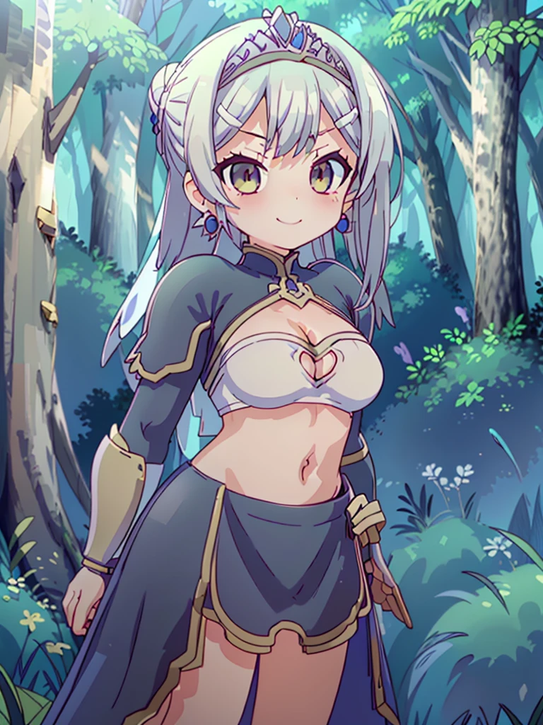 gran calidad ++ Extremely detailed high resolution, very aesthetic, ojos expresivos, (((Cara perfecta))), (((symmetrical face))), ((good anatomy)), (((manos perfectas))), (((8k))), UHD, Fondo de pantalla HD, (((alta calidra detallada, (((1girl))), ((((cuerpo completo)))), (((Miyu Edelfelt))), solamente, ojos azules, jaeces, Pendientes, Cabello largo, parodia, (((hair dyed white))), (((cicatriz))), (((cicatriz ocular))), (((adorno para el cabello))), (((fondo de bosque invernal))), Cola de caballo lateral, cicatriz en la cara, Parte superior del cuerpo, (((They are smiling))), armadura guerrera, ((((crop top)))), ((((navel)))), ((((tasset armor)))), (((((dress))))), (((tiara))), (((jewelry))), (((earrings))), (((cleavage cutout))),