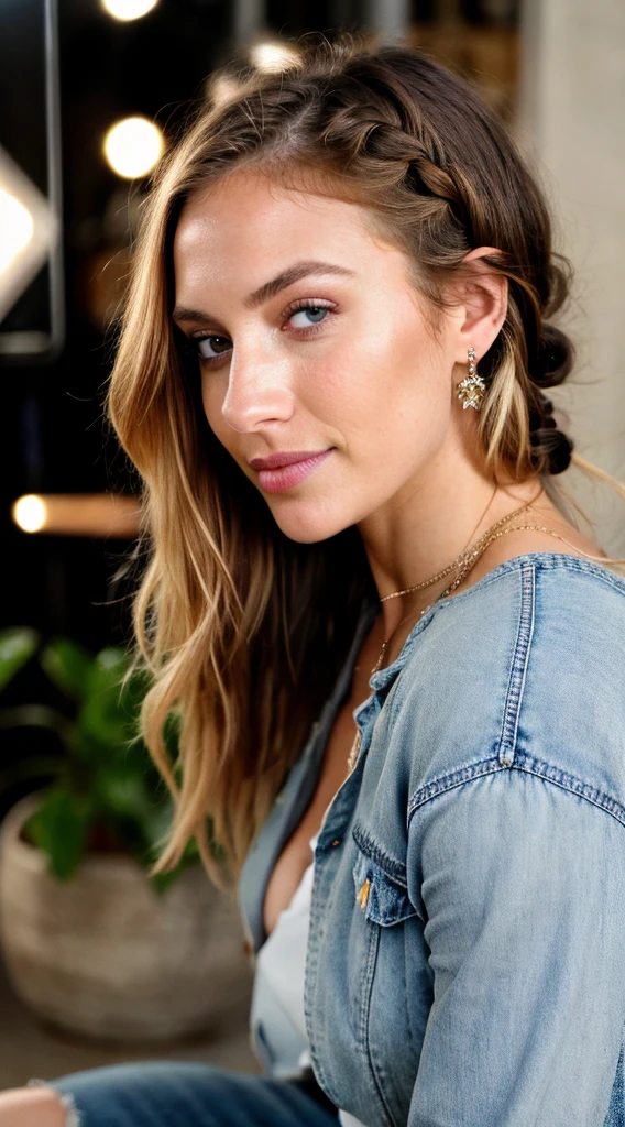 cute beautiful woman (gal gadot:jessica biel:0.5), flirting look, boho style clothing, boho colourful with flowers blouse, jeans, highlighted hair, turquoise eyes, perfect, braid, pale turquoise eyes, discrete makeup, hourglass figure, perfect body, long shot, asymmetric, rim lighting, studio lighting, dslr, ultra quality, full body, perfect angle, very detailed, 28 years old, flirty face, messy long hair, high-res, masterpiece, best quality, intricate details, highly detailed texture, sharp focus, detailed skin,realistic skin texture, detailed eyes, professional, 4k, smile, shot on Canon, 85mm, shallow depth of field,kodak vision color,  eyeshadow, extremely detailed, photo_\(ultra\), photorealistic, realistic, post-processing, max detail, roughness, real life, ultra realistic, photorealism, photography, 8k uhd, photography, braless, pokies