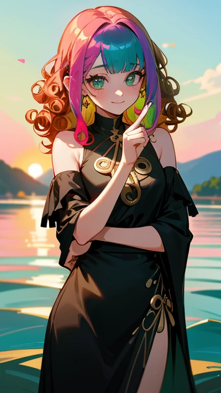 1 girl, (Iridescent hair, colorful hair, half green and half pink hair: 1.2), , green_null, holding a magic wand, summer (Oceansupon), petal_upon_liquid, Hooded black cloak, Red and black ripped dress, skirt: 1.2, (gold lupong curly hair: 1.5), null, outdoor, cloud, bangs, smile, null green eyes, bare shoulders, perfect hands, hand details, Repaired finger. earrings, Ocean + background, looking for_in_viewer, cowboy shot, highest quality, Rich details, perfect image quality, sunrise