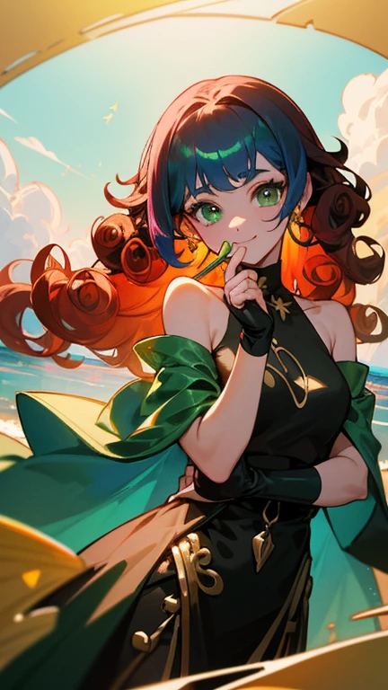 1 girl, (Iridescent hair, colorful hair, half green and half pink hair: 1.2), 17 years old, green_null, holding a magic wand, summer (Oceansupon), petal_upon_liquid, Hooded black cloak, Red and black ripped dress, skirt: 1.2, (gold lupong curly hair: 1.5), null, outdoor, cloud, bangs, smile, null green eyes, bare shoulders, perfect hands, hand details, Repaired finger. earrings, Ocean + background, looking for_in_viewer, cowboy shot, highest quality, Rich details, perfect image quality, sunrise