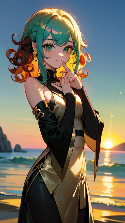 1 girl, (Iridescent hair, colorful hair, half green and half pink hair: 1.2), 17 years old, green_null, holding a magic wand, summer (Oceansupon), petal_upon_liquid, Hooded black cloak, Red and black ripped dress, skirt: 1.2, (gold lupong curly hair: 1.5), null, outdoor, cloud, bangs, smile, null green eyes, bare shoulders, perfect hands, hand details, Repaired finger. earrings, Ocean + background, looking for_in_viewer, cowboy shot, highest quality, Rich details, perfect image quality, sunrise