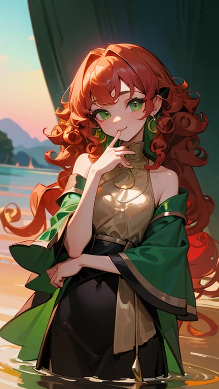 1 girl, (Iridescent hair, colorful hair, half green and half pink hair: 1.2), 17 years old, green_null, holding a magic wand, summer (Oceansupon), petal_upon_liquid, Hooded black cloak, Red and black ripped dress, skirt: 1.2, (gold lupong curly hair: 1.5), null, outdoor, cloud, bangs, smile, null green eyes, bare shoulders, perfect hands, hand details, Repaired finger. earrings, Ocean + background, looking for_in_viewer, cowboy shot, highest quality, Rich details, perfect image quality, sunrise