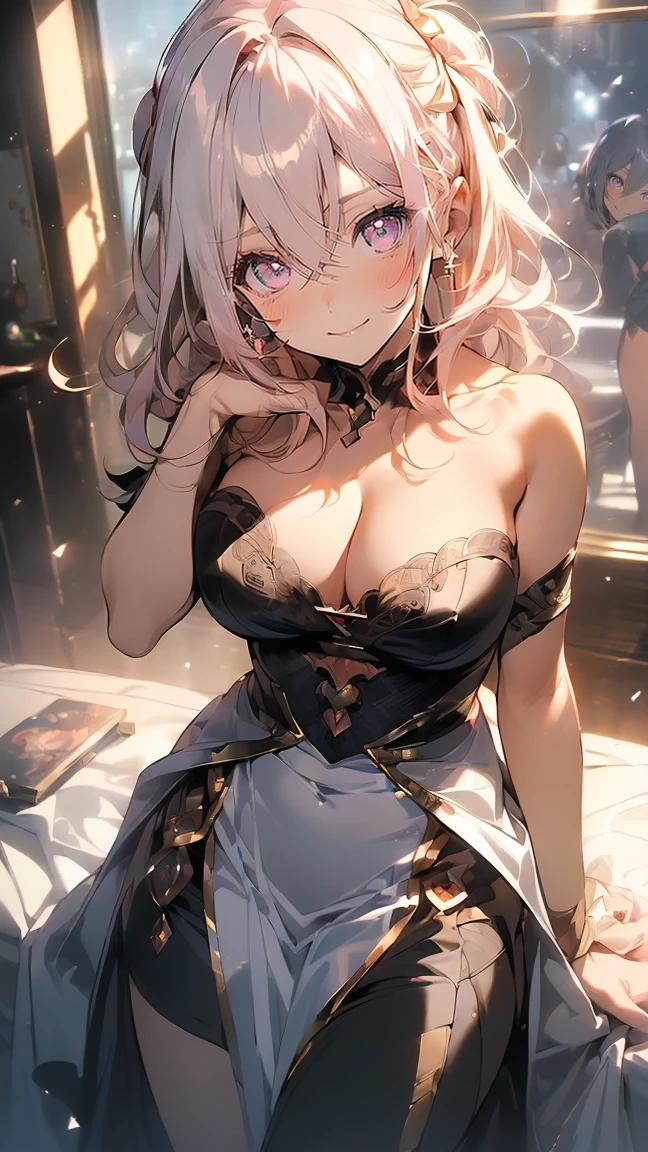 masterpiece, highest quality, 非常にdetailedな CG Unity 8K 壁紙, Ultra-realistic 8KCG, perfect artwork, perfect woman image, dramatic shadow, (Spotlight, perfect lighting, detailedな光, (((1 girl))), ((sharp face)), ((, model body shape, , ample breasts, ((cute face)), (smile gently: 1.2), (asymmetrical bangs, beautiful eyelashes), beautiful face, (Beautiful chest line:1.2), (cleavage), beautiful girl, Exquisite facial features depicting the perfect face,shiny skin , Naturally beautiful, , slender body, Light and beautiful thigh expression, , , night, , Award-winning photo, detailed, realistic light and shadow, 8K resolution, professional lighting, (glowing skin:0.9), perfect hands,better quality,((8K)),close up of face,intricate details、beautiful and delicate eyes, Anime with long white hair and pink highlights ,And pink eyes posing for a photo, estilo shadowverse, CG art software anime, sayori, detailedなデジタルアニメアート, Gweiz, sui ishida art manga, shadowverse, official art, pixiv style, detailedなアニメアート, art book art, Captivating anime, sougetsu, detailedなアニメキャラクターアート, died