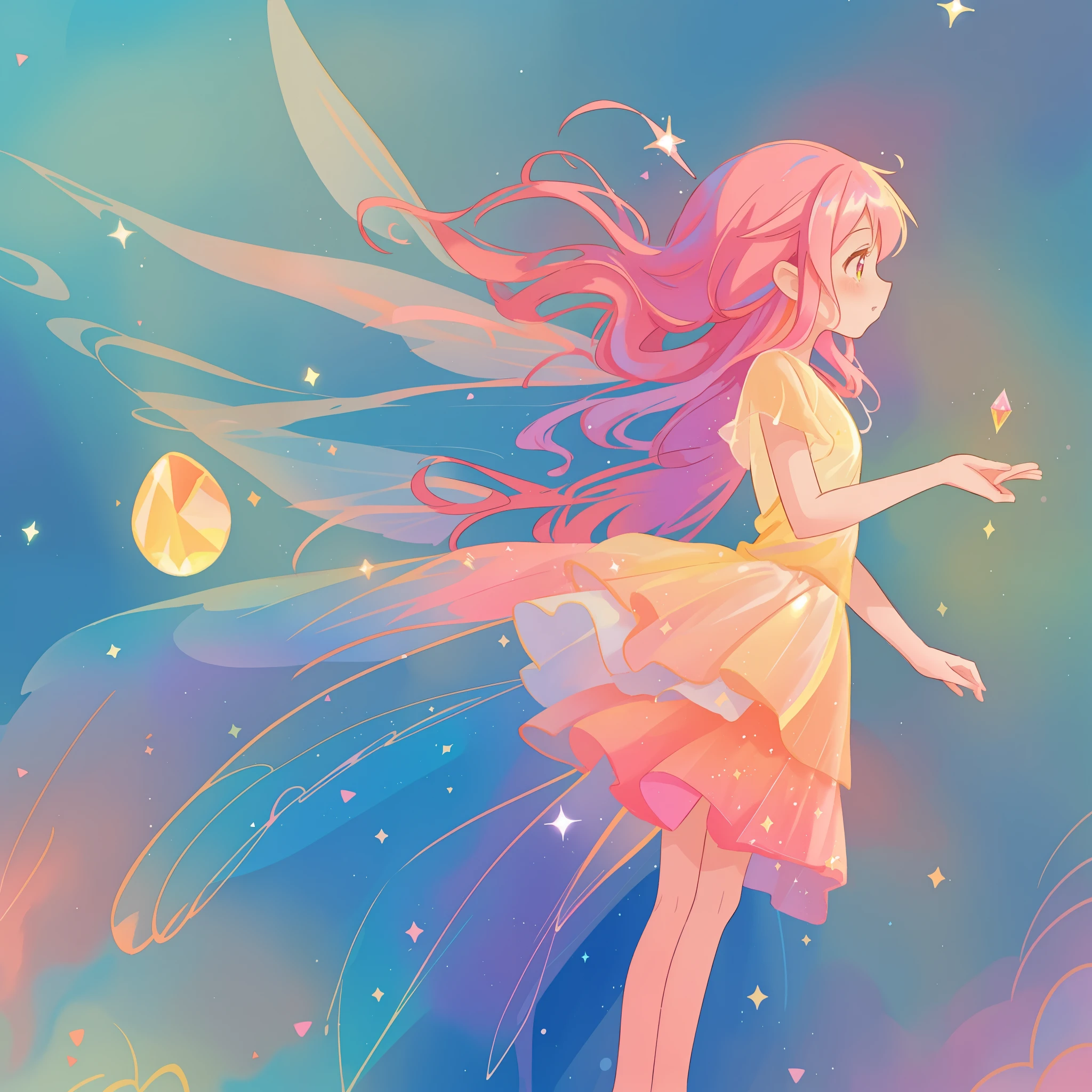 beautiful girl in tiered gradient flowing dress, gradient colorful dress, ((layered sparkling skirt)), fairy dress, fairy queen, (sparkling colorful fairy wings), long wavy pink hair, sparkling fairy wings, watercolor illustration, inspired by Glen Keane, inspired by Lois van Baarle, disney art style, fantasia colorful background, beautiful, masterpiece, best quality, anime disney style