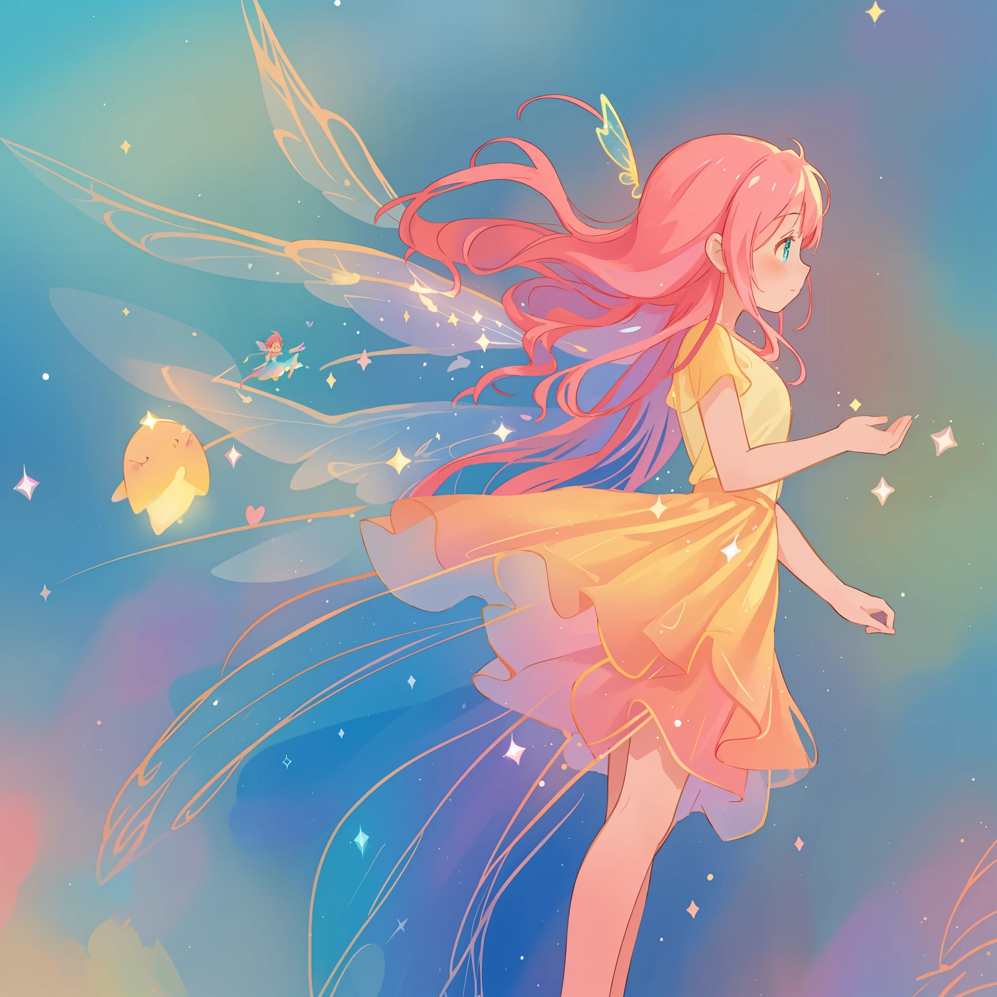 beautiful girl in tiered gradient flowing dress, gradient colorful dress, ((layered sparkling skirt)), fairy dress, fairy queen, (sparkling colorful fairy wings), long wavy pink hair, sparkling fairy wings, watercolor illustration, inspired by Glen Keane, inspired by Lois van Baarle, disney art style, fantasia colorful background, beautiful, masterpiece, best quality, anime disney style
