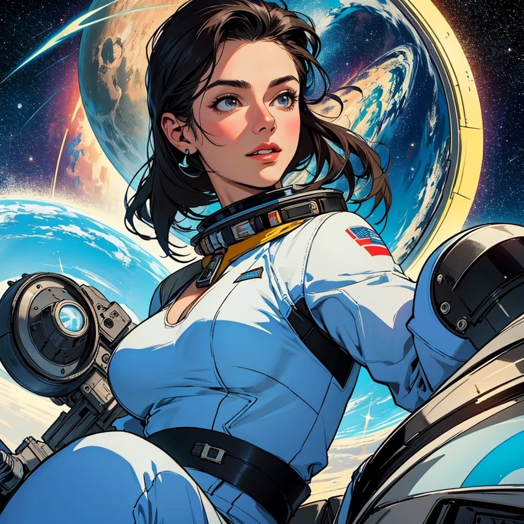 (((32k))),(((highest quality))),(Perfect One Woman),60's,70's,80&#39;s,old movie posters,retro,vintage,bauhaus,abstract,Space Thriller Movie Poster,Futuristic,shape,OK,cosmos,galaxy,satellite,mechanical,Geometric pattern,meteor,meteorite,planet,very delicate,宇宙飛OK士,Milky Way,big breasts,cleavage,