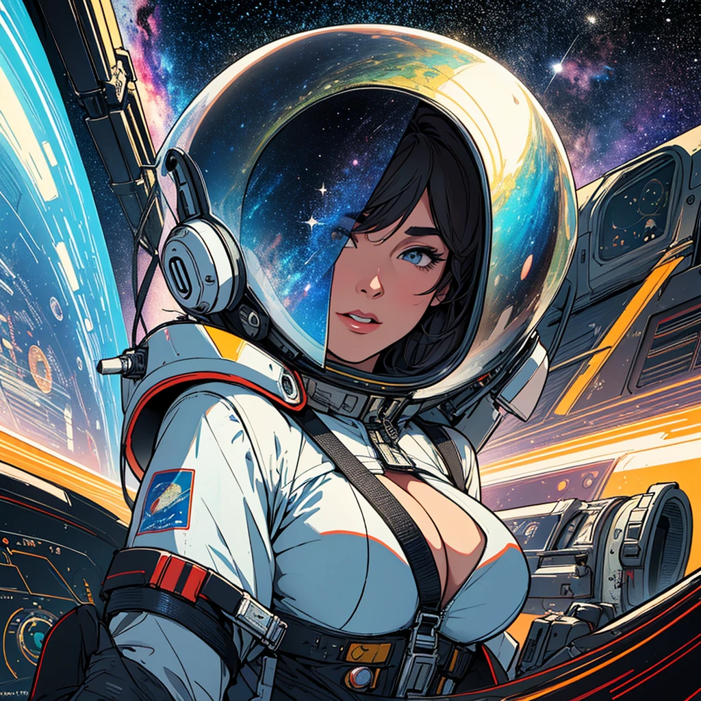 (((32k))),(((highest quality))),(Perfect One Woman),60's,70's,80's,old movie posters,retro,vintage,bauhaus,abstract,Space Thriller Movie Poster,Futuristic,shape,OK,cosmos,galaxy,satellite,mechanical,Geometric pattern,meteor,meteorite,planet,very delicate,宇宙飛OK士,Milky Way,big breasts,cleavage,