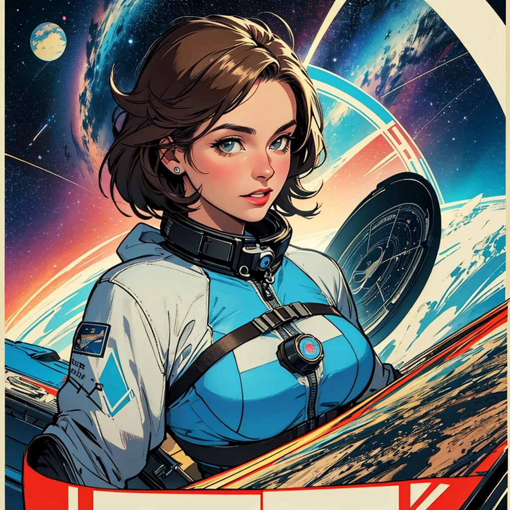 (((32k))),(((highest quality))),(Perfect One Woman),60's,70's,80's,old movie posters,retro,vintage,bauhaus,abstract,Space Thriller Movie Poster,Futuristic,shape,OK,cosmos,galaxy,satellite,mechanical,Geometric pattern,meteor,meteorite,planet,very delicate,宇宙飛OK士,Milky Way,big breasts,cleavage,