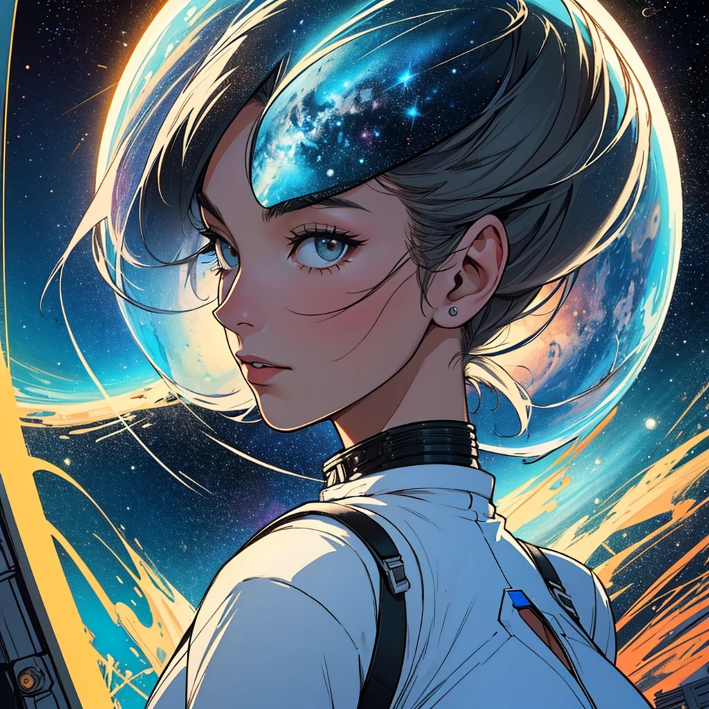 (((32k))),(((highest quality))),(Perfect One Woman),60's,70's,80's,old movie posters,retro,vintage,bauhaus,abstract,Space Thriller Movie Poster,Futuristic,shape,OK,cosmos,galaxy,satellite,mechanical,Geometric pattern,meteor,meteorite,planet,very delicate,宇宙飛OK士,Milky Way,big breasts,cleavage,