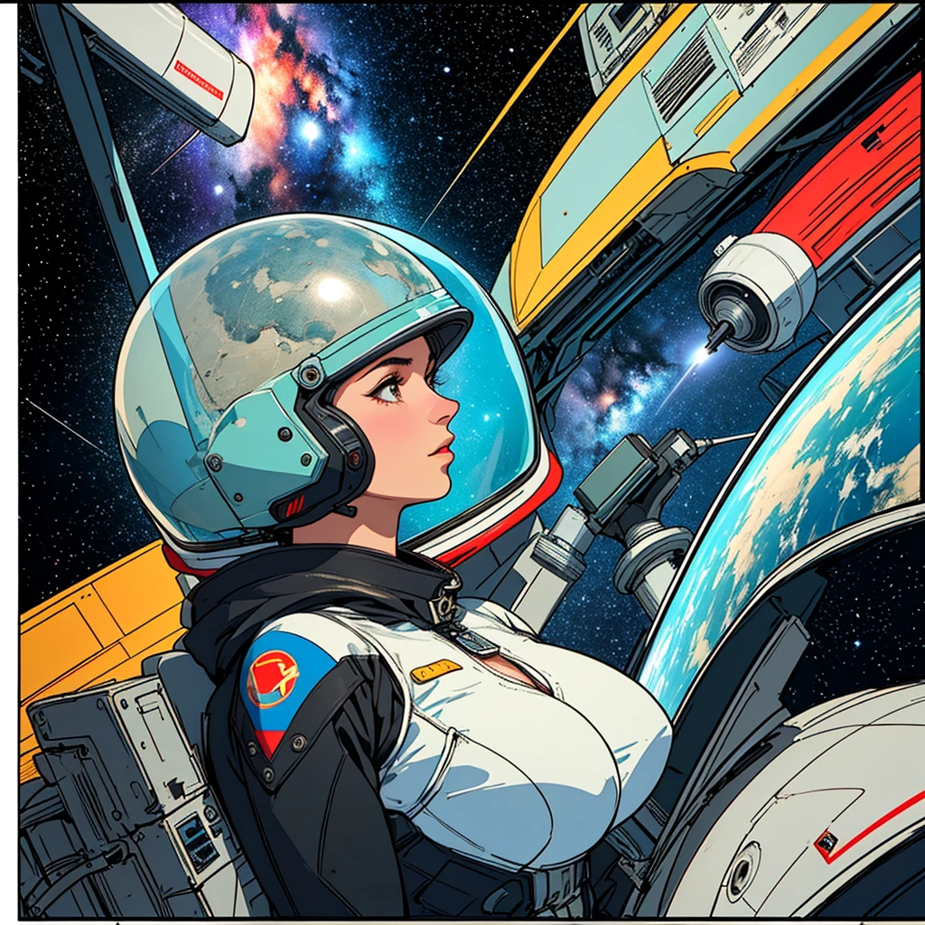 (((32k))),(((highest quality))),(Perfect One Woman),60's,70's,80's,old movie posters,retro,vintage,bauhaus,abstract,Space Thriller Movie Poster,Futuristic,shape,OK,cosmos,galaxy,satellite,mechanical,Geometric pattern,meteor,meteorite,planet,very delicate,宇宙飛OK士,Milky Way,big breasts,cleavage,