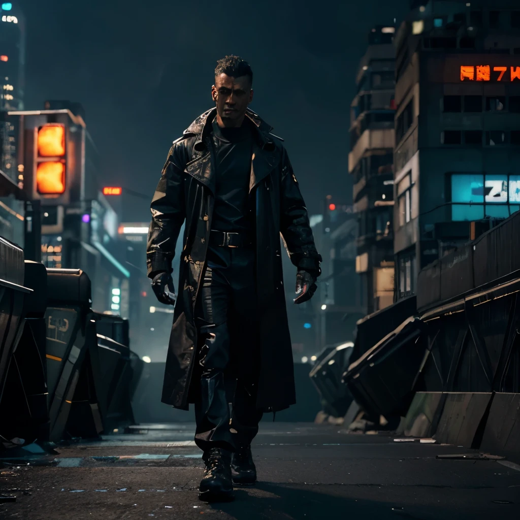 realistic depiction of a cyberpunk man walking towards the camera, with a strong and confident stride, wearing a futuristic trench coat, cybernetic enhancements visible on his arms and face, and a cityscape with towering neon-lit buildings in the background, (dystopian:1.2), (gritty and industrial setting), (dynamic lighting), (attention to realistic details)