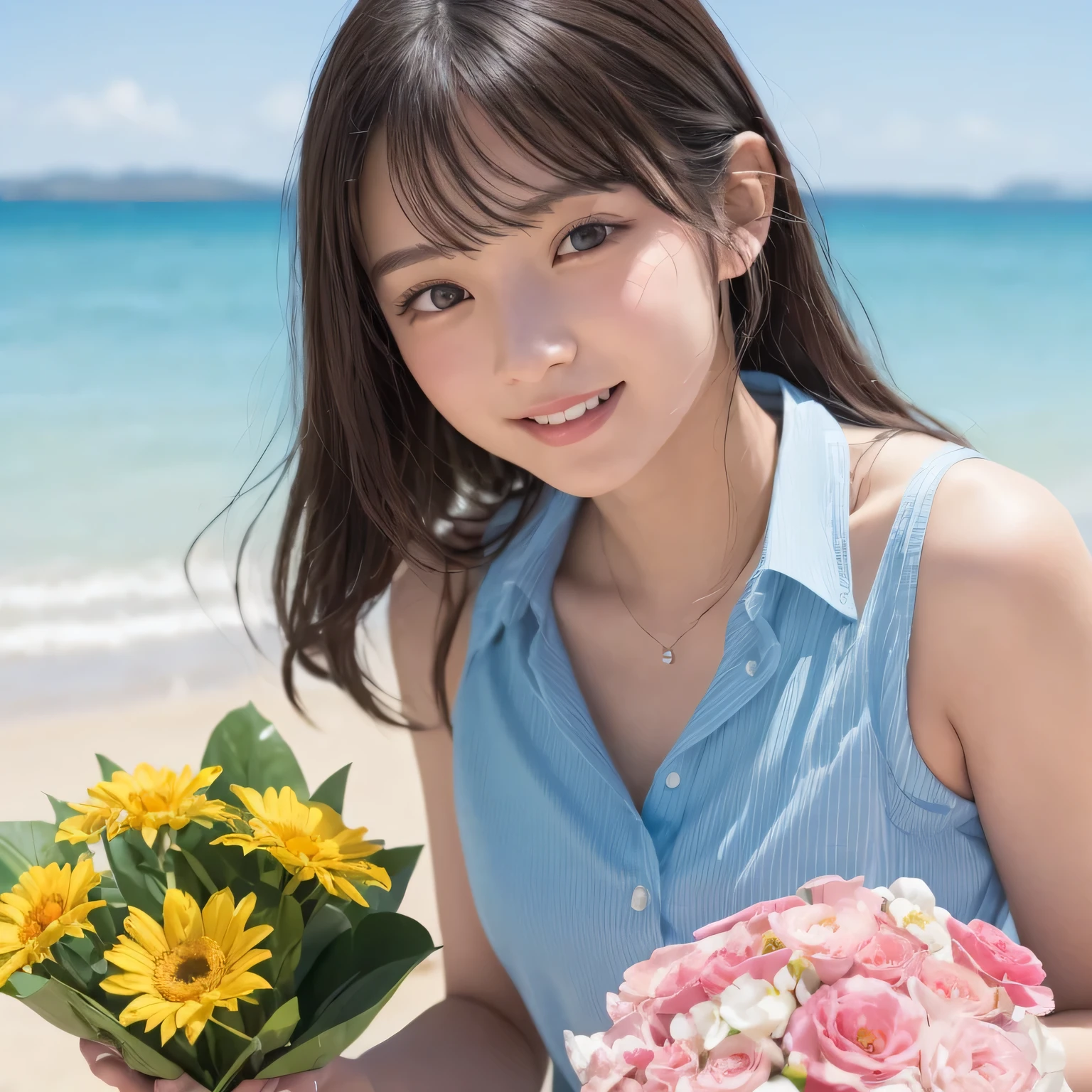 Smile、Harajuku、original photography、(((ultimate beauty portrait)))、((sparkling skin))、((brown hair))、bright expression、((Big eyes sparkling like gems))、、pantyhose、Glowing and radiant skin、(medium hair)、(silk ponytail)、(standing)、(from below)、under skirt、Eyeliner、beautiful bangs、(Close-up from below)、hair between eyes、((masterpiece、top quality、Super detailed、movie light、intricate details、high resolution、Very detailed))、background for this、8 kood、digital SLR、soft light、high quality、film grain、富士XT3 、shallow view deep、natural soft light、Kamimei、collared shirt、Holding a bouquet of flowers、Lying on the beach、from below,side view、huge :1.5、bright expression