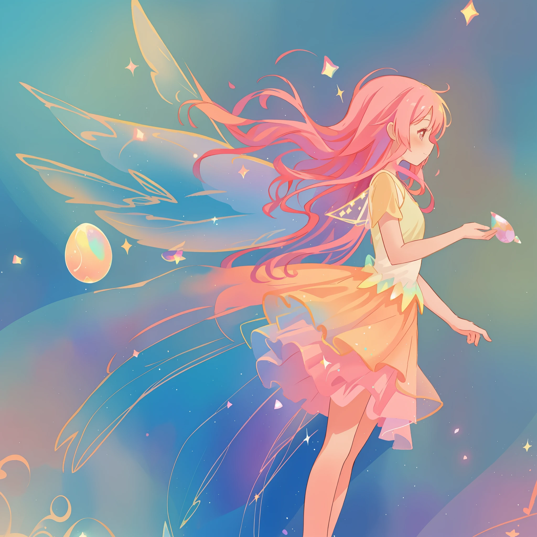 beautiful girl in tiered gradient flowing dress, gradient colorful dress, ((layered sparkling skirt)), fairy dress, fairy queen, (sparkling colorful fairy wings), long wavy pink hair, sparkling fairy wings, watercolor illustration, inspired by Glen Keane, inspired by Lois van Baarle, disney art style, fantasia colorful background, beautiful, masterpiece, best quality, anime disney style