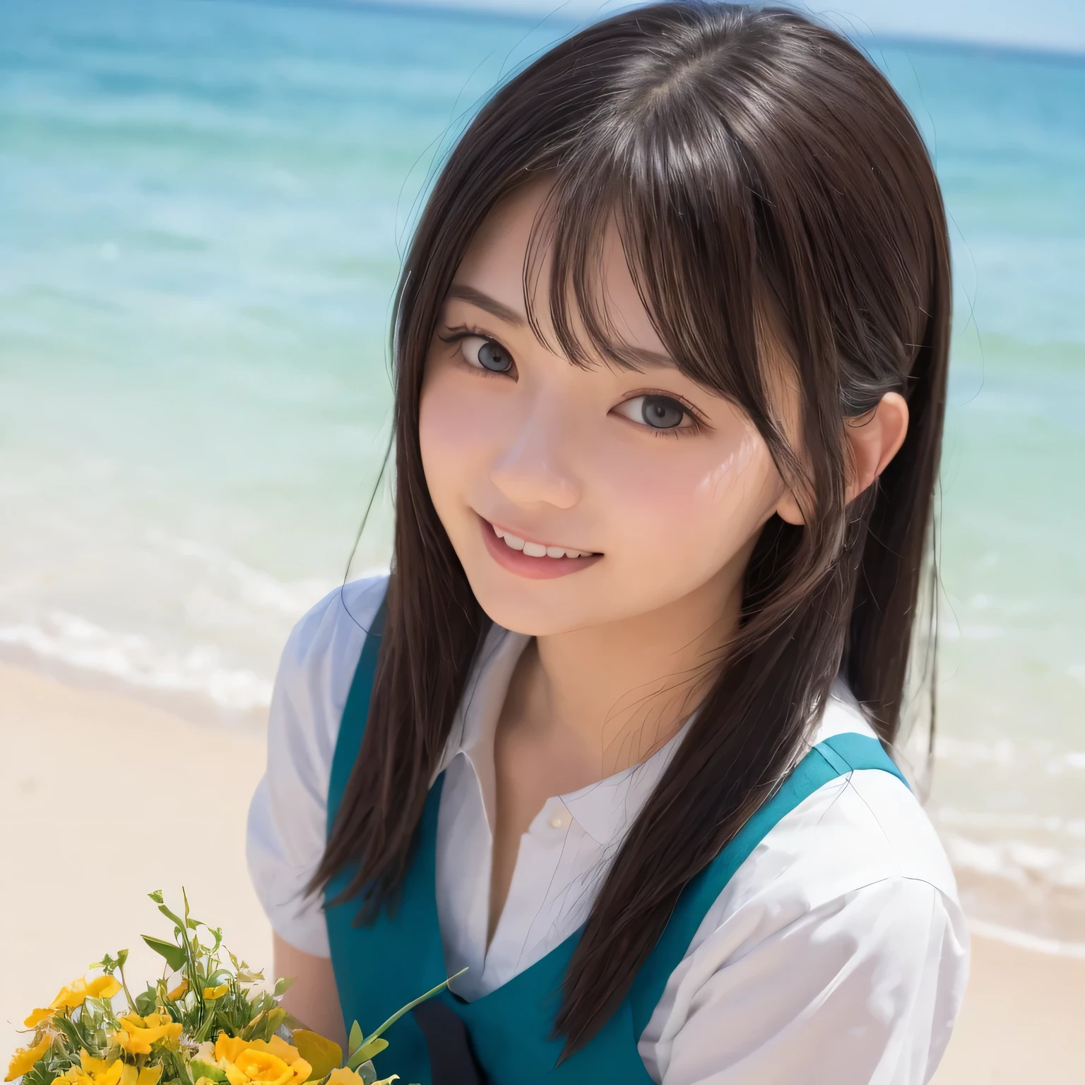 Smile、Harajuku、original photography、(((ultimate beauty portrait)))、((sparkling skin))、((brown hair))、bright expression、((Big eyes sparkling like gems))、、pantyhose、Glowing and radiant skin、(medium hair)、(silk ponytail)、(standing)、(from below)、under skirt、Eyeliner、beautiful bangs、(Close-up from below)、hair between eyes、((masterpiece、top quality、Super detailed、movie light、intricate details、high resolution、Very detailed))、background for this、8 kood、digital SLR、soft light、high quality、film grain、富士XT3 、shallow view deep、natural soft light、Kamimei、collared shirt、Holding a bouquet of flowers、Lying on the beach、from below,side view、huge :1.5、bright expression