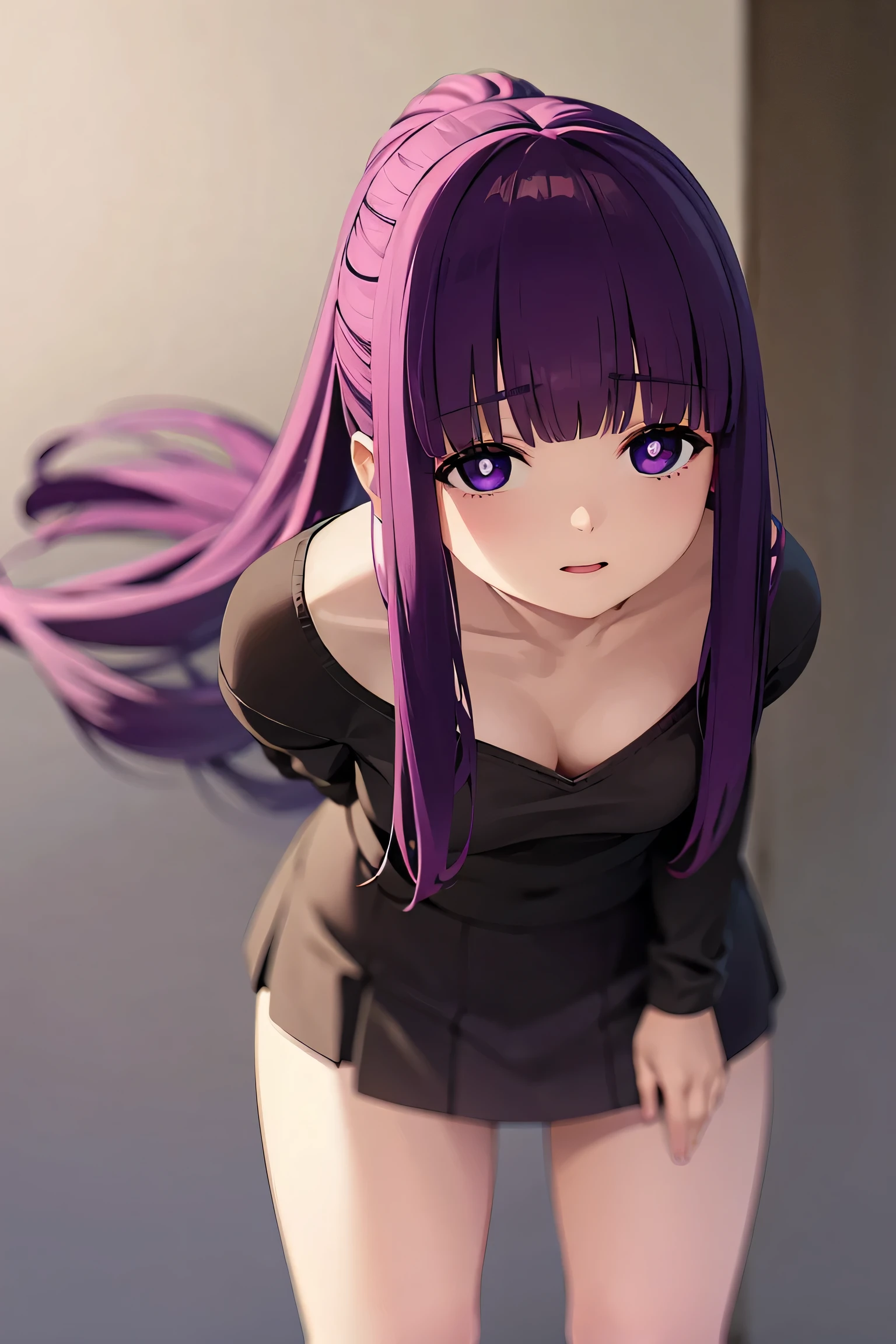 fern, long hair, bangs, (purple eyes:1.1), purple hair, sidelocks, blunt bangs, (bright pupils:1.5), half updo,medium breast ,BREAK (sports bra，mini-skirt:1.2)，（nice leg line:1.3）, BREAK looking at viewer,to stand,cool face， cheerfulness,downy，（facefront）, leaning forward, arms behind back, BREAK （（with a pure white background））, BREAK (masterpiece:1.2), best quality, high resolution,  Light effect, ultra-clear， high definition pictures, (perfect hands, perfect anatomy),