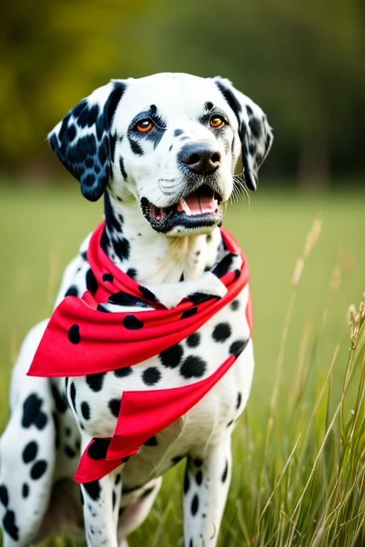 very hairy dalmatian dog with red bandana around his neck in a flowering grass,