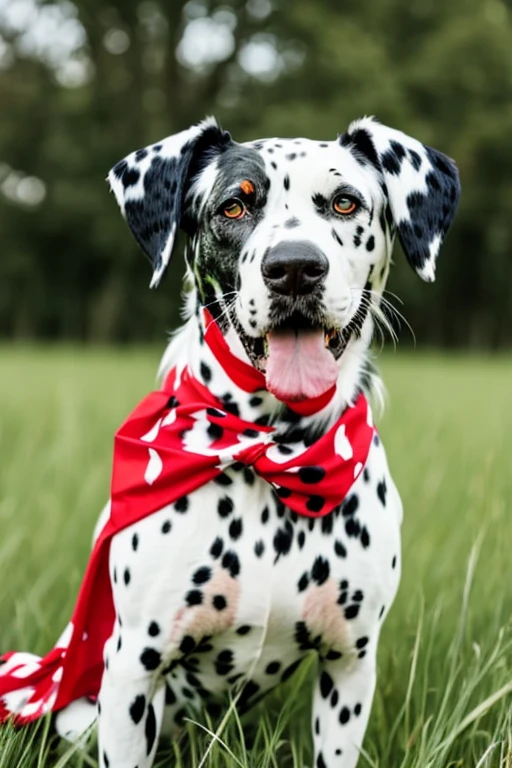 
 very hairy dalmatian dog with red bandana around his neck in a flowering grass,