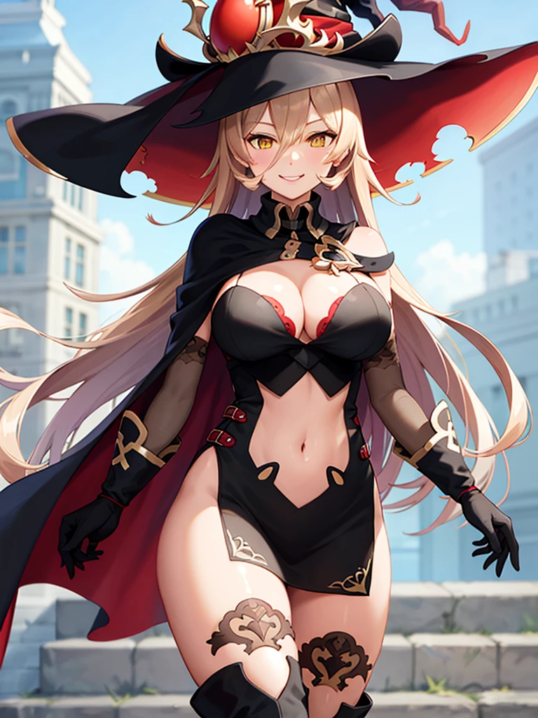masterpiece, highest quality, High resolution, wide, long hair, blonde hair, hair between eyes, yellow eyes, witch hat, black hat, cape, cleavage, good, clothing clippings, black dress, navel cutout, elbow bag, black gloves, black stockings, thigh boots, Are standing, cowboy shot, outdoor, smile