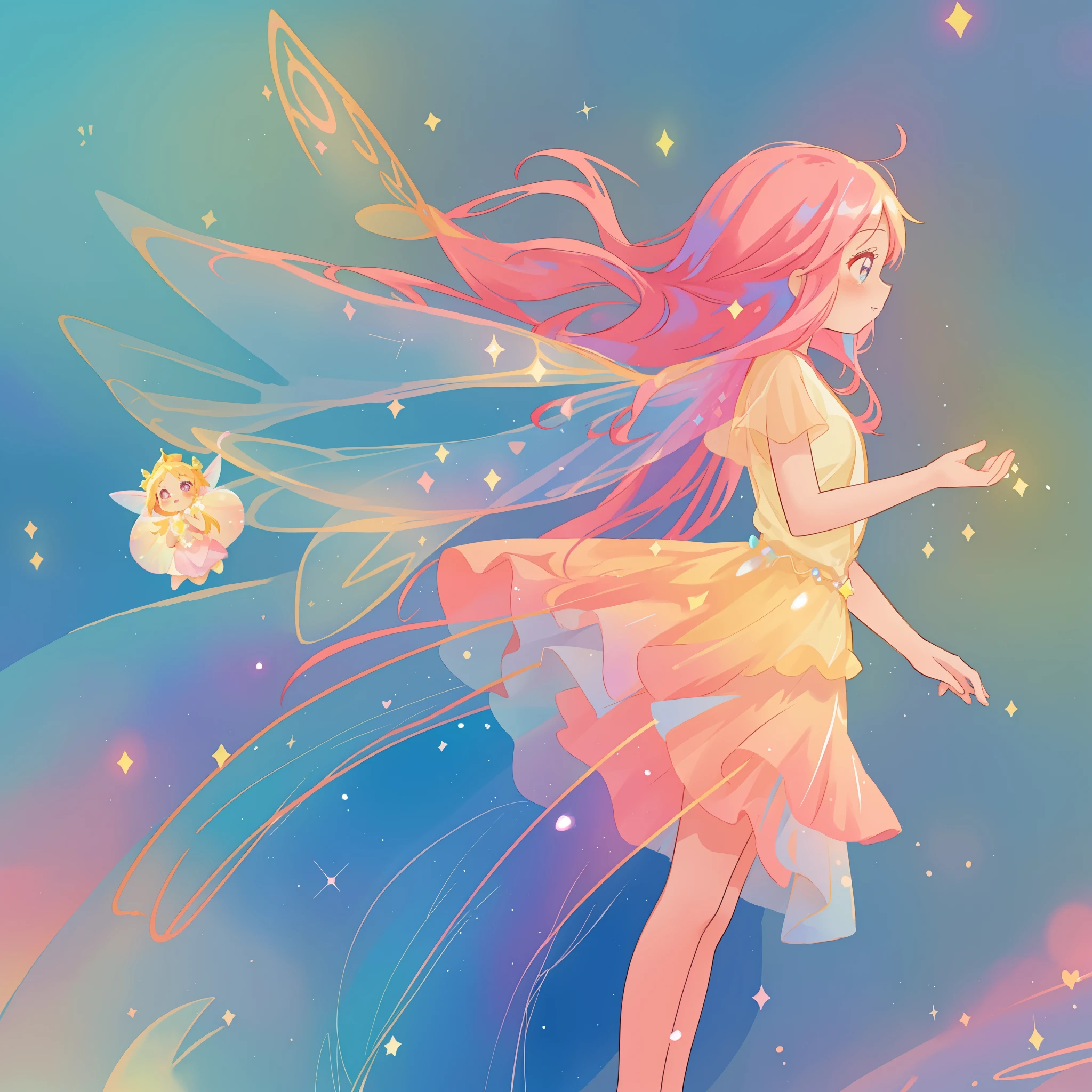 beautiful girl in tiered gradient flowing dress, gradient colorful dress, ((layered sparkling skirt)), fairy dress, fairy queen, (sparkling colorful fairy wings), long wavy pink hair, sparkling fairy wings, watercolor illustration, inspired by Glen Keane, inspired by Lois van Baarle, disney art style, fantasia colorful background, beautiful, masterpiece, best quality, anime disney style