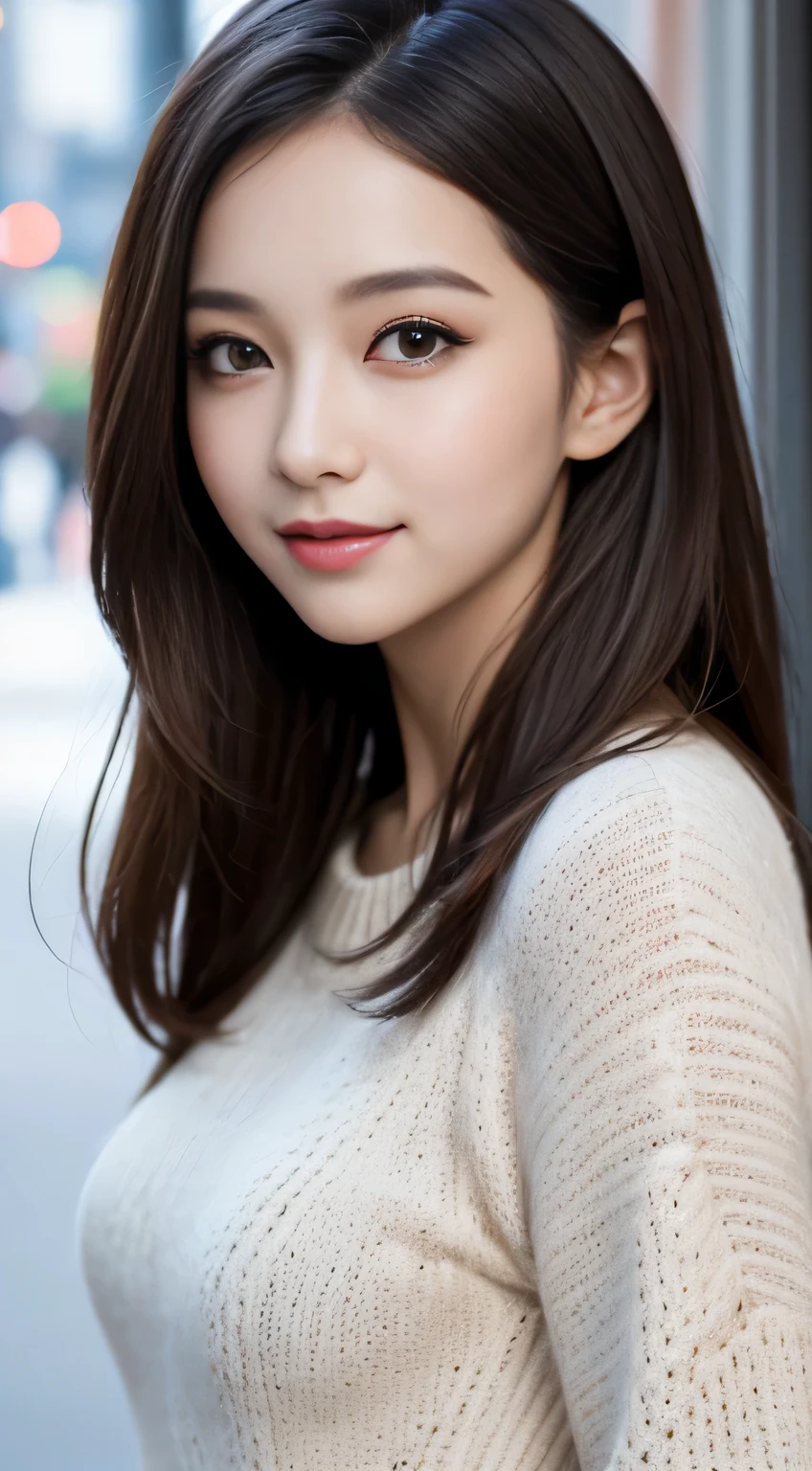 muste piece, highest quality, illustration, Super detailed, finely, High resolution, 8k wallpaper, perfect dynamic composition, beautiful and fine eyes, Winter casual wear,medium hair,small breasts、natural color lip, bold sexy pose,smile,Harajuku、20 year old girl、cute type、sexy shot looking at camera
